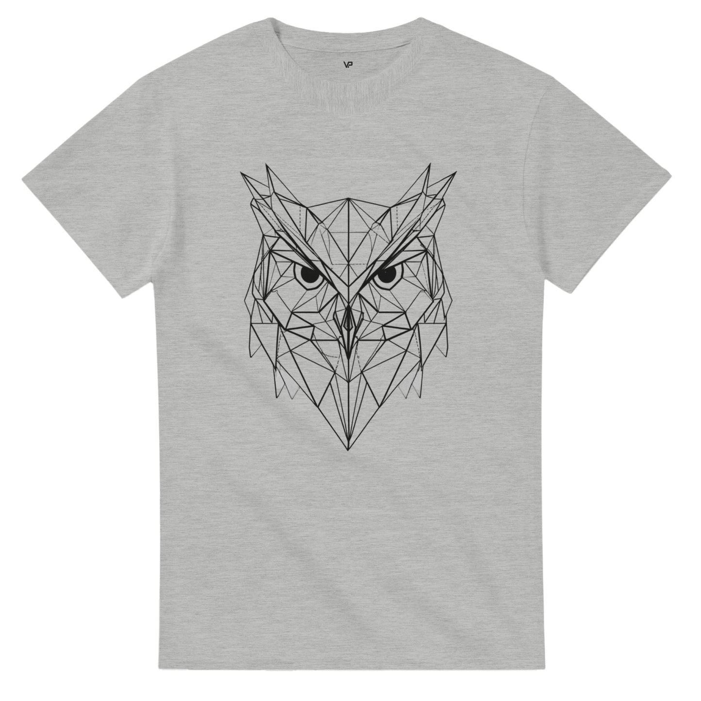 Graues VIRTUS T-Shirt von VidaroPrints mit einem geometrischen, schwarzen Eule-der-Minerva-Design (Symbol der Weisheit).