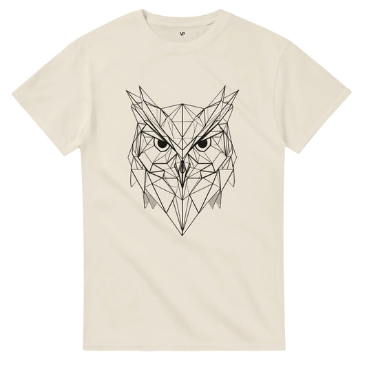 Natural VIRTUS T-Shirt von VidaroPrints mit einem geometrischen, schwarzen Eule-der-Minerva-Design (Symbol der Weisheit).