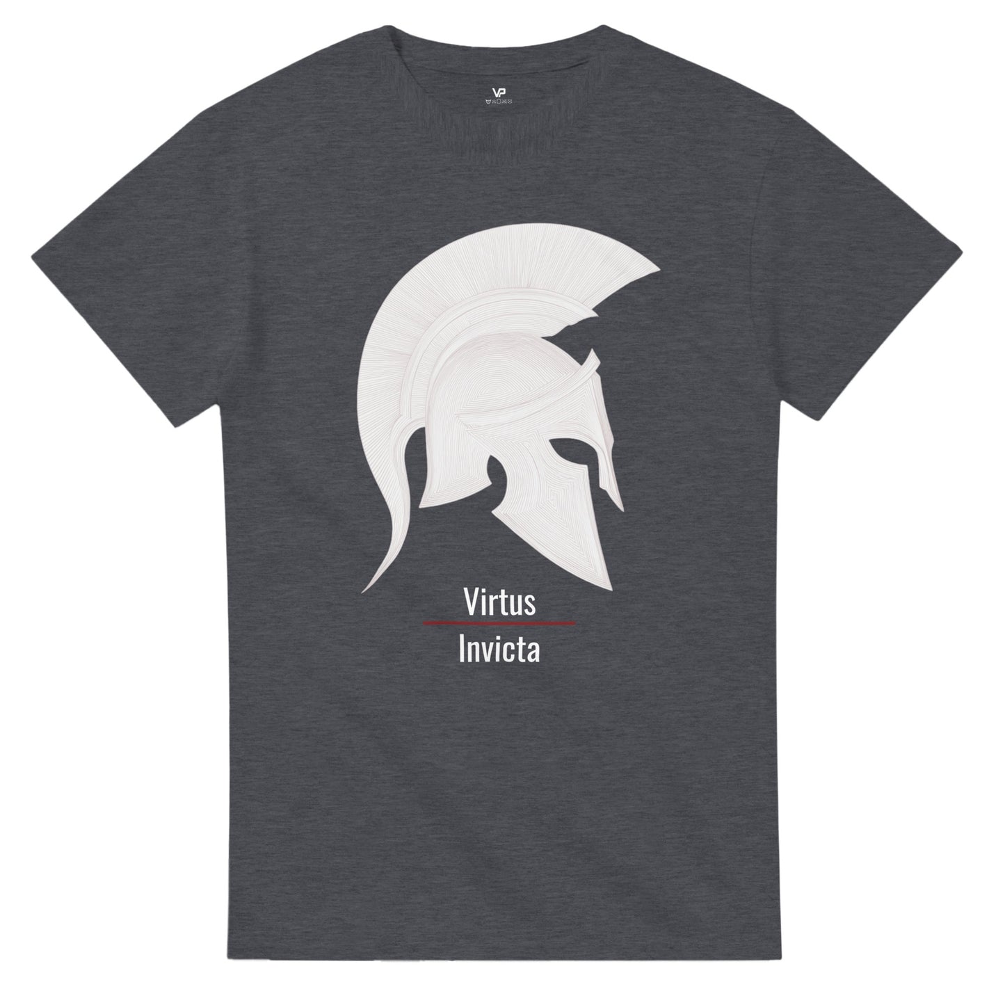 Dunkles Heidekraut VIRTUS T-Shirt von VidaroPrints mit einem minimalistischen weißen Spartaner-Helm und dem lateinischen Schriftzug "Virtus Invicta".