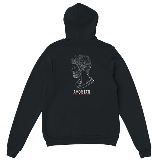 Schwarzer VIRTUS Hoodie von VidaroPrints mit großem, weißen Marc Aurel Design auf dem Rücken.