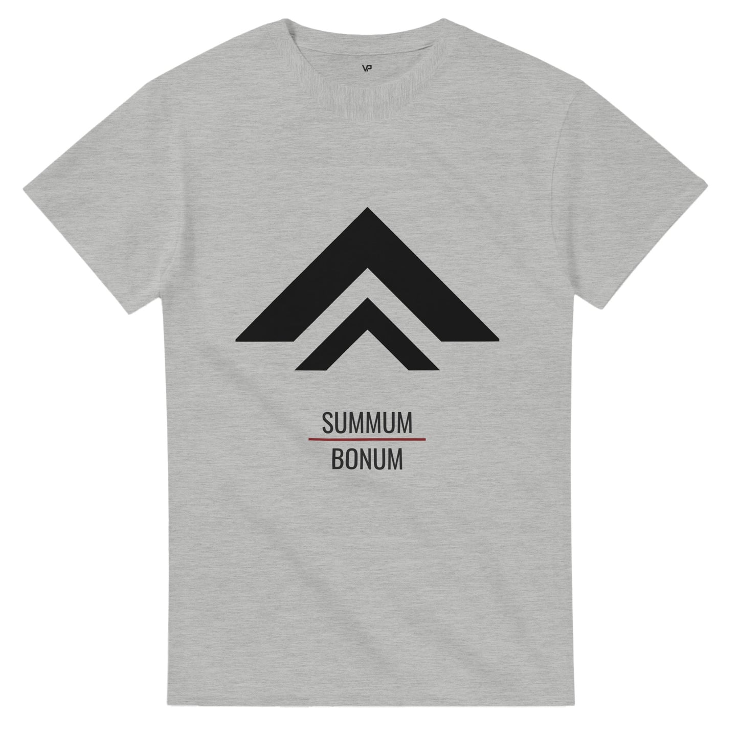 Ash Gray farbendes VIRTUS T-Shirt von VidaroPrints mit schwarzen "Der Aufstieg"-Design (minimalistischer Berg-Pfeil) und dem Schriftzug SUMMUM BONUM.