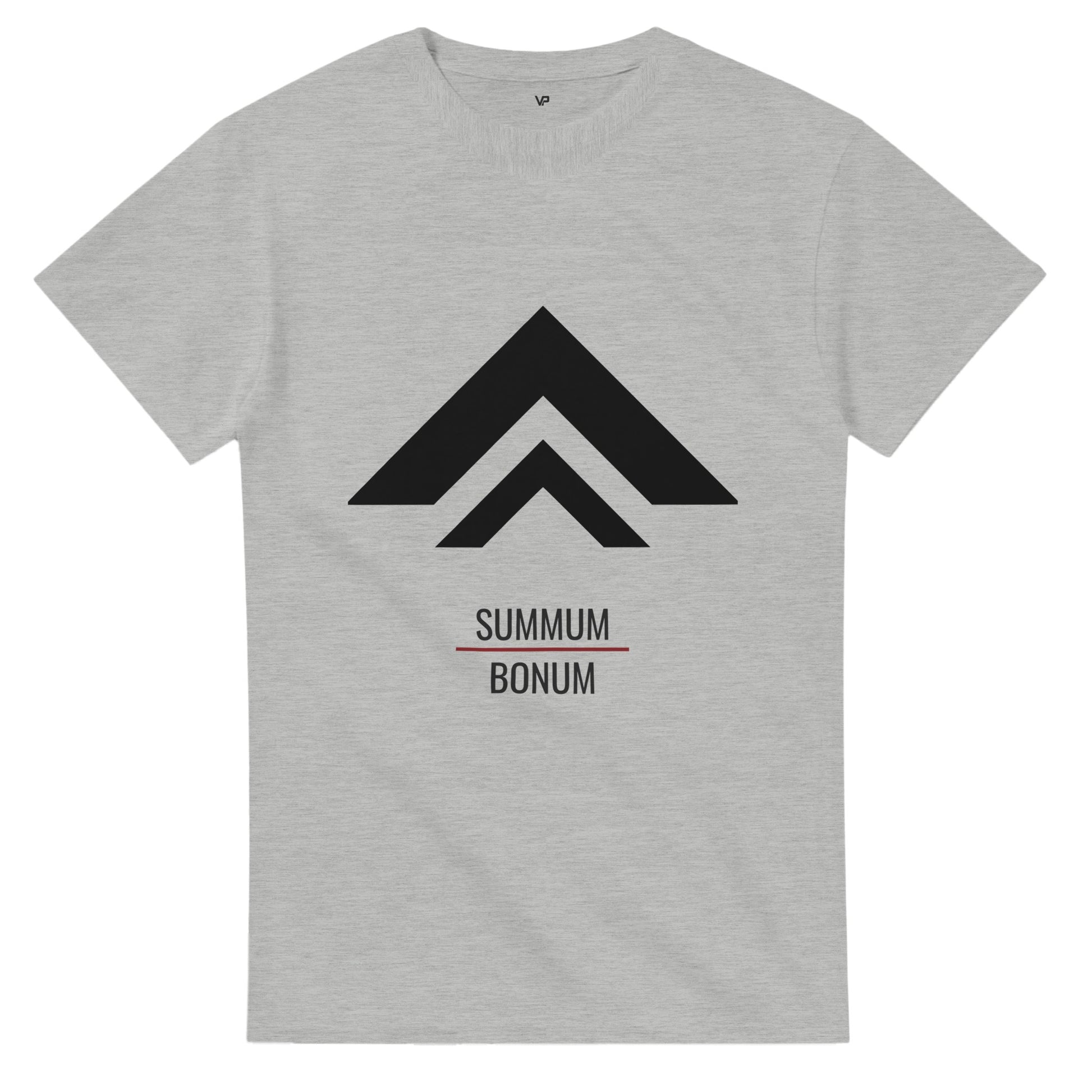 Ash Gray farbendes VIRTUS T-Shirt von VidaroPrints mit schwarzen "Der Aufstieg"-Design (minimalistischer Berg-Pfeil) und dem Schriftzug SUMMUM BONUM.