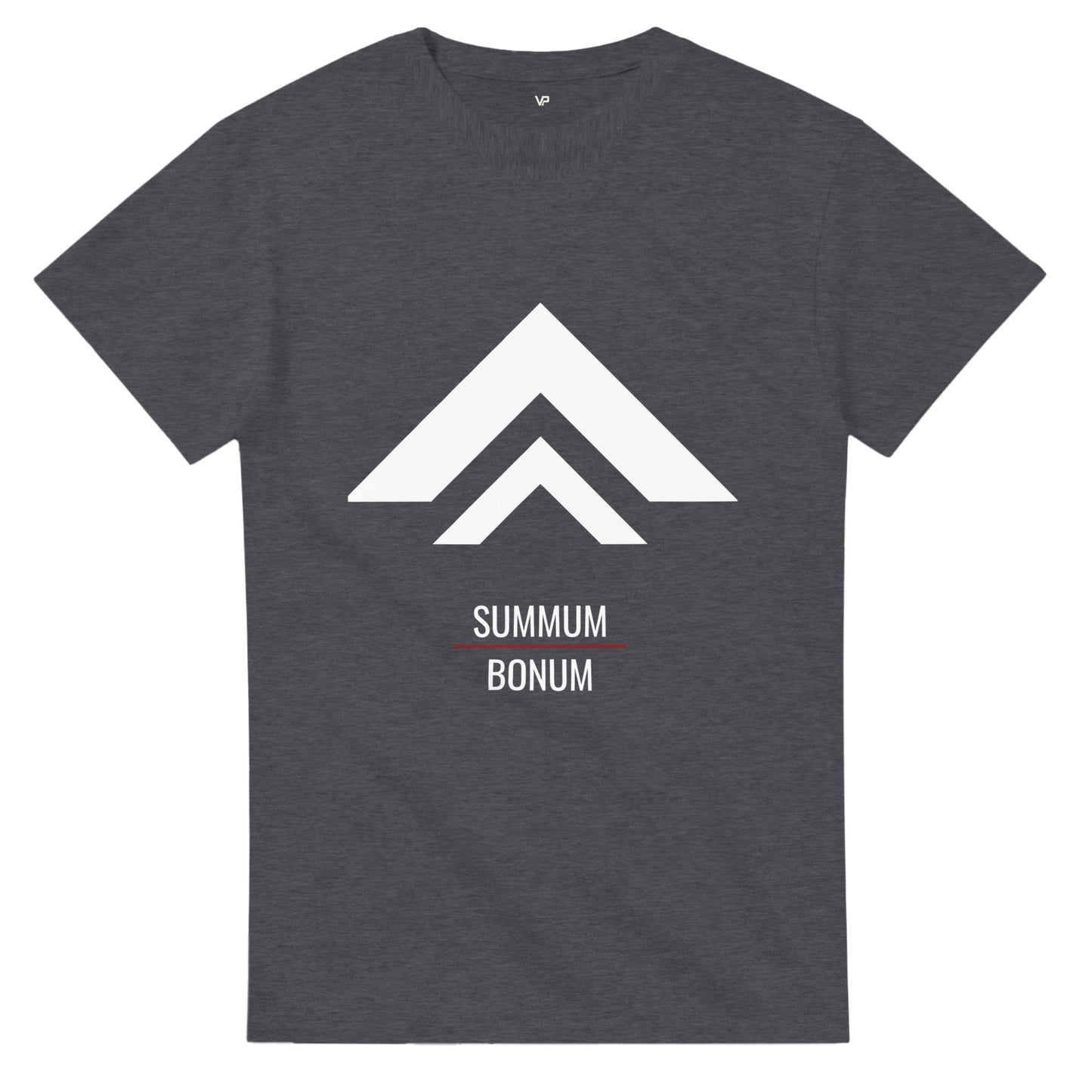 Dunkles Heidekraut farbendes VIRTUS T-Shirt von VidaroPrints mit weißem "Der Aufstieg"-Design (minimalistischer Berg-Pfeil) und dem Schriftzug SUMMUM BONUM.