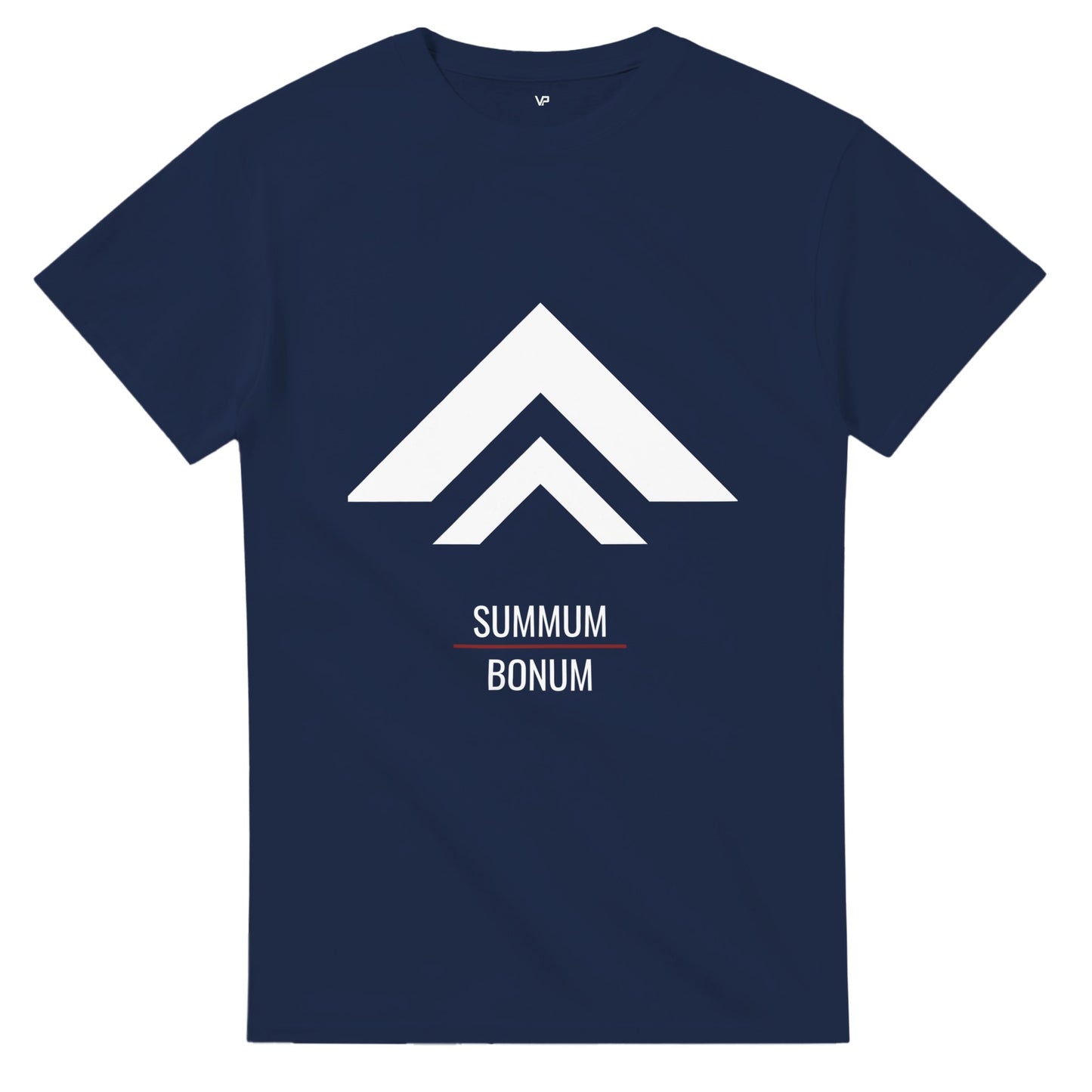 Marine farbendes VIRTUS T-Shirt von VidaroPrints mit weißem "Der Aufstieg"-Design (minimalistischer Berg-Pfeil) und dem Schriftzug SUMMUM BONUM.
