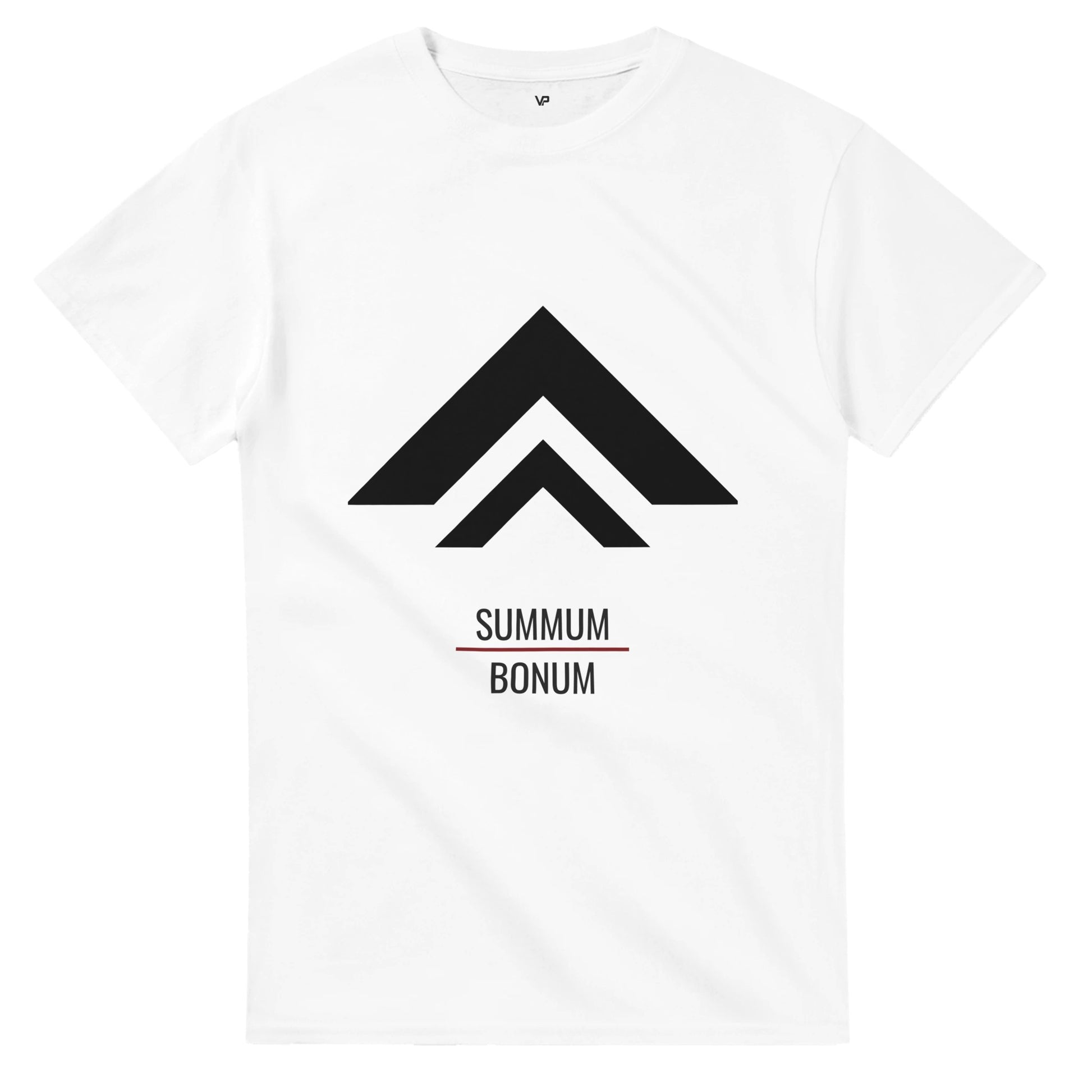 Weißes VIRTUS T-Shirt von VidaroPrints mit schwarzen "Der Aufstieg"-Design (minimalistischer Berg-Pfeil) und dem Schriftzug SUMMUM BONUM.