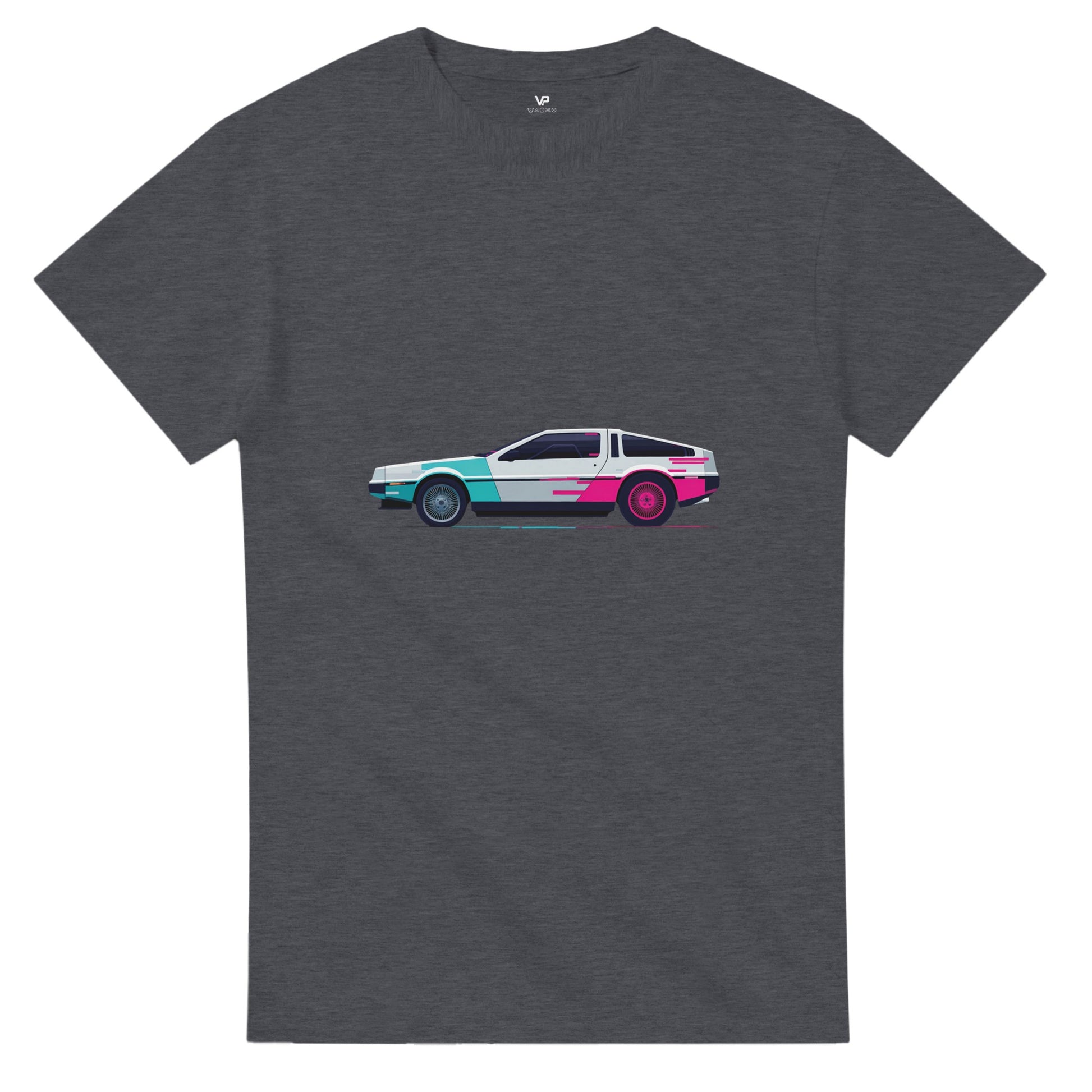 Dunkles Heidekraut AETERNA T-Shirt von VidaroPrints mit einem dekonstruierten, pink-cyanfarbenen 80er Retro-Wave Supercar (Glitch-Effekt).
