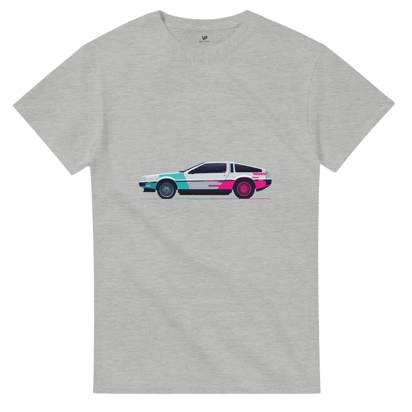 Graues AETERNA T-Shirt von VidaroPrints mit einem dekonstruierten, pink-cyanfarbenen 80er Retro-Wave Supercar (Glitch-Effekt).