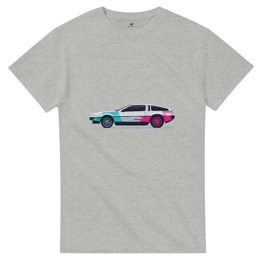 Graues AETERNA T-Shirt von VidaroPrints mit einem dekonstruierten, pink-cyanfarbenen 80er Retro-Wave Supercar (Glitch-Effekt).