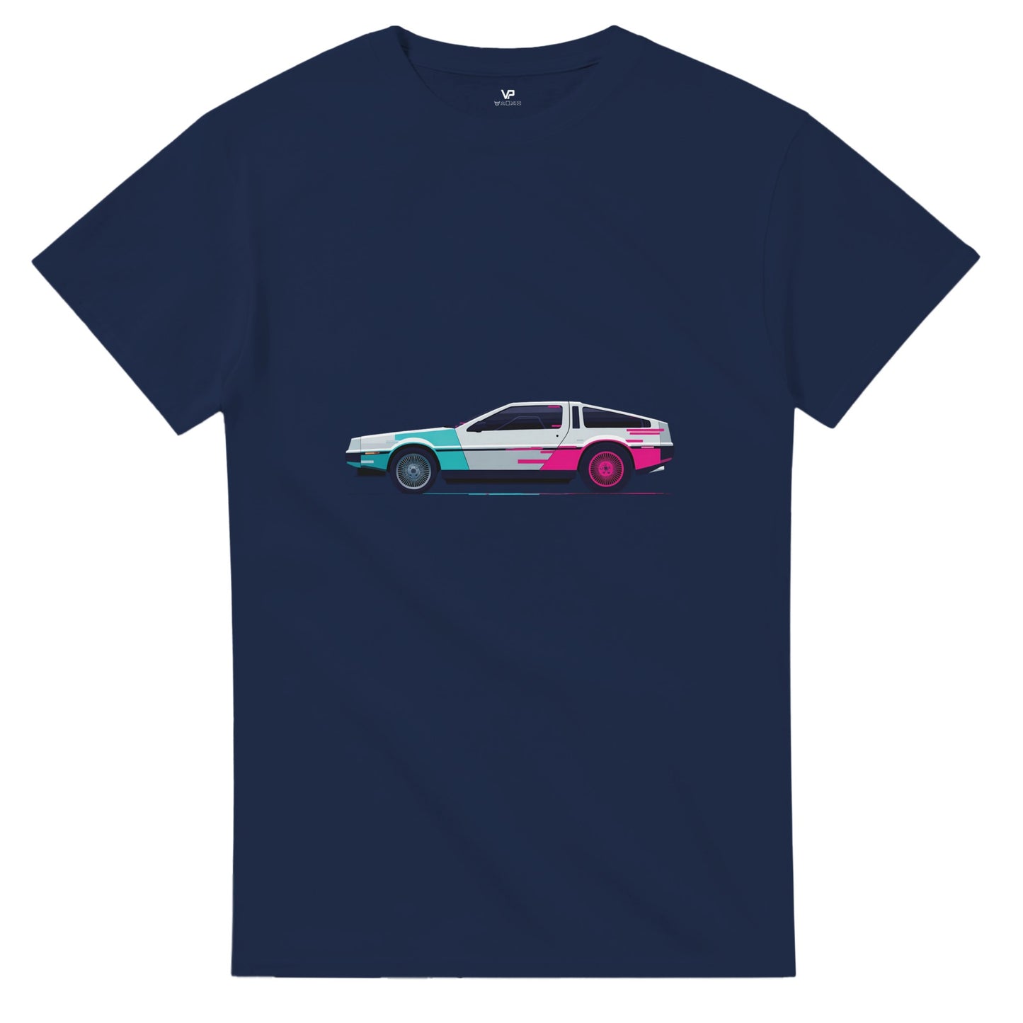 marine AETERNA T-Shirt von VidaroPrints mit einem dekonstruierten, pink-cyanfarbenen 80er Retro-Wave Supercar (Glitch-Effekt).
