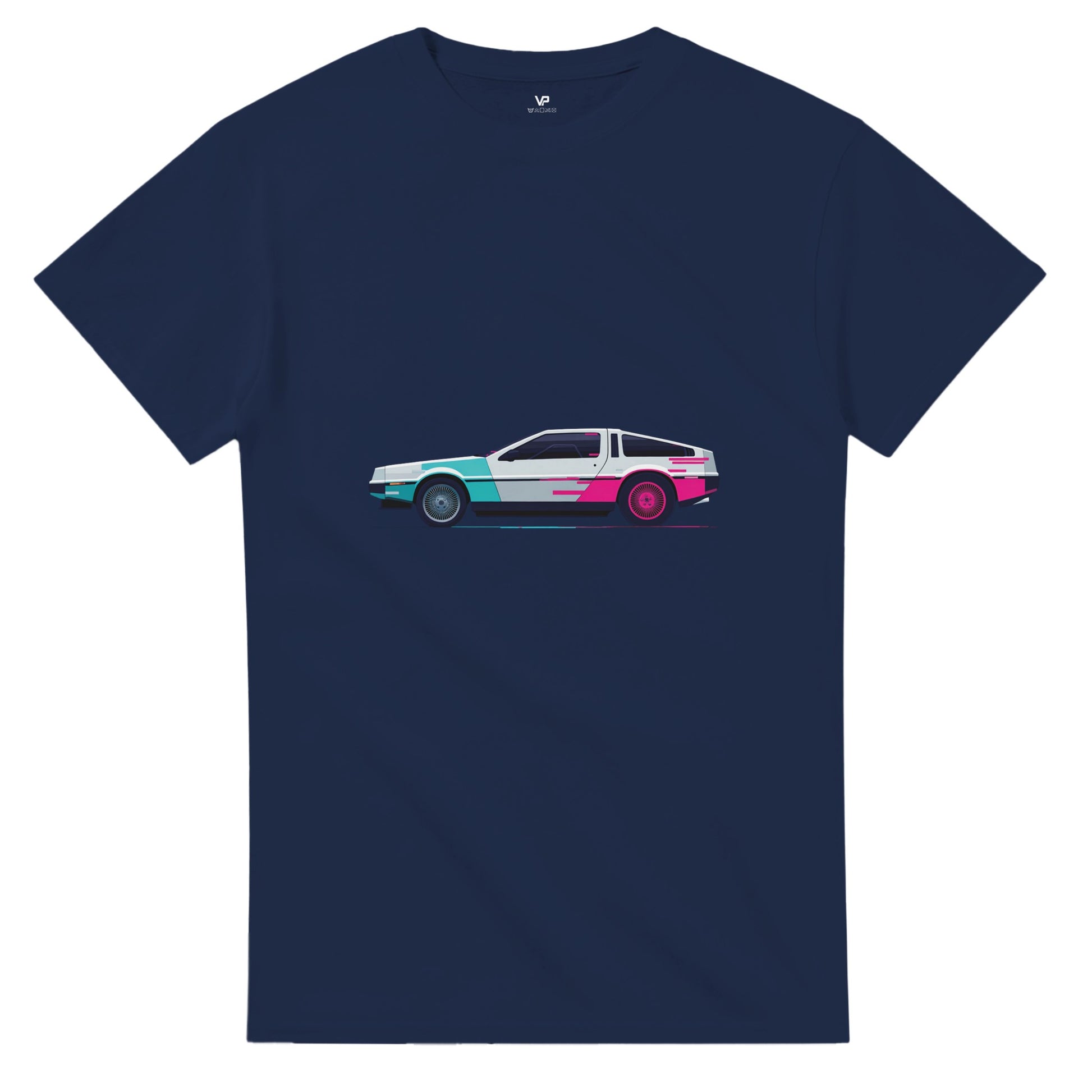 marine AETERNA T-Shirt von VidaroPrints mit einem dekonstruierten, pink-cyanfarbenen 80er Retro-Wave Supercar (Glitch-Effekt).
