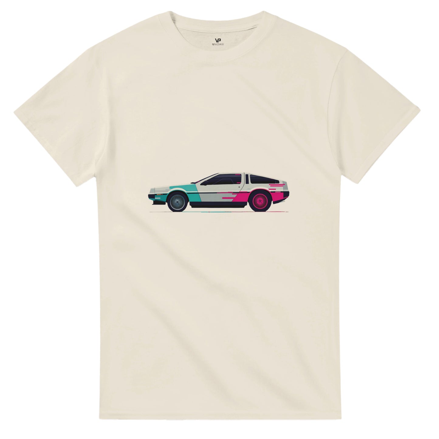 Naturales AETERNA T-Shirt von VidaroPrints mit einem dekonstruierten, pink-cyanfarbenen 80er Retro-Wave Supercar (Glitch-Effekt).