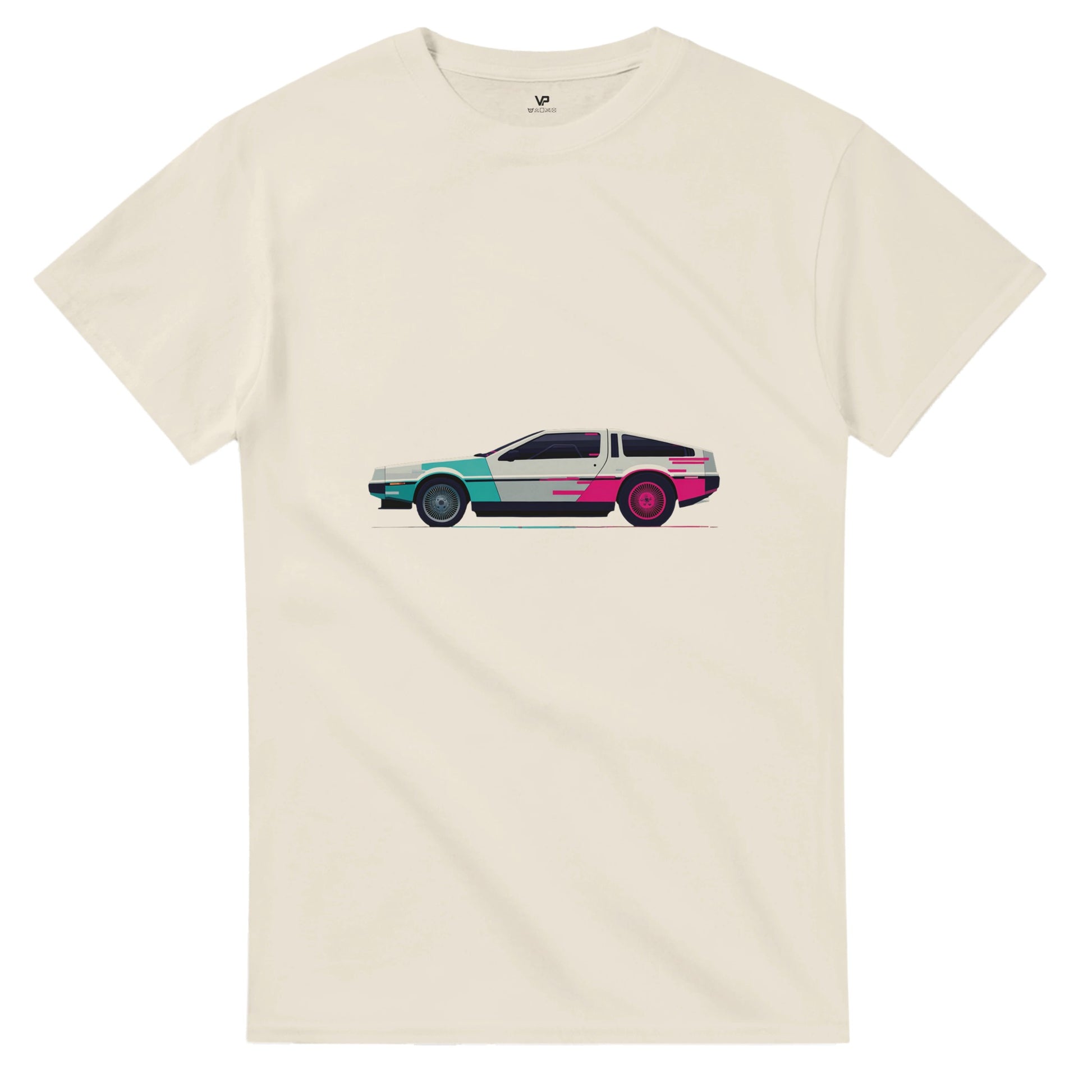 Naturales AETERNA T-Shirt von VidaroPrints mit einem dekonstruierten, pink-cyanfarbenen 80er Retro-Wave Supercar (Glitch-Effekt).