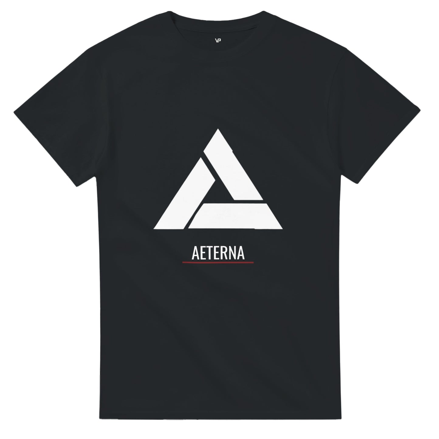 Schwarzes AETERNA T-Shirt von VidaroPrints mit dem "Das Paradoxon" Design (ein minimalistisches, weißes Penrose-Dreieck).