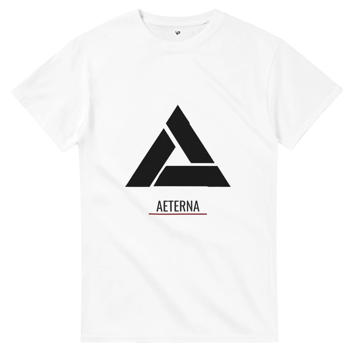 Weißes AETERNA T-Shirt von VidaroPrints mit dem "Das Paradoxon" Design (ein minimalistisches, weißes Penrose-Dreieck).