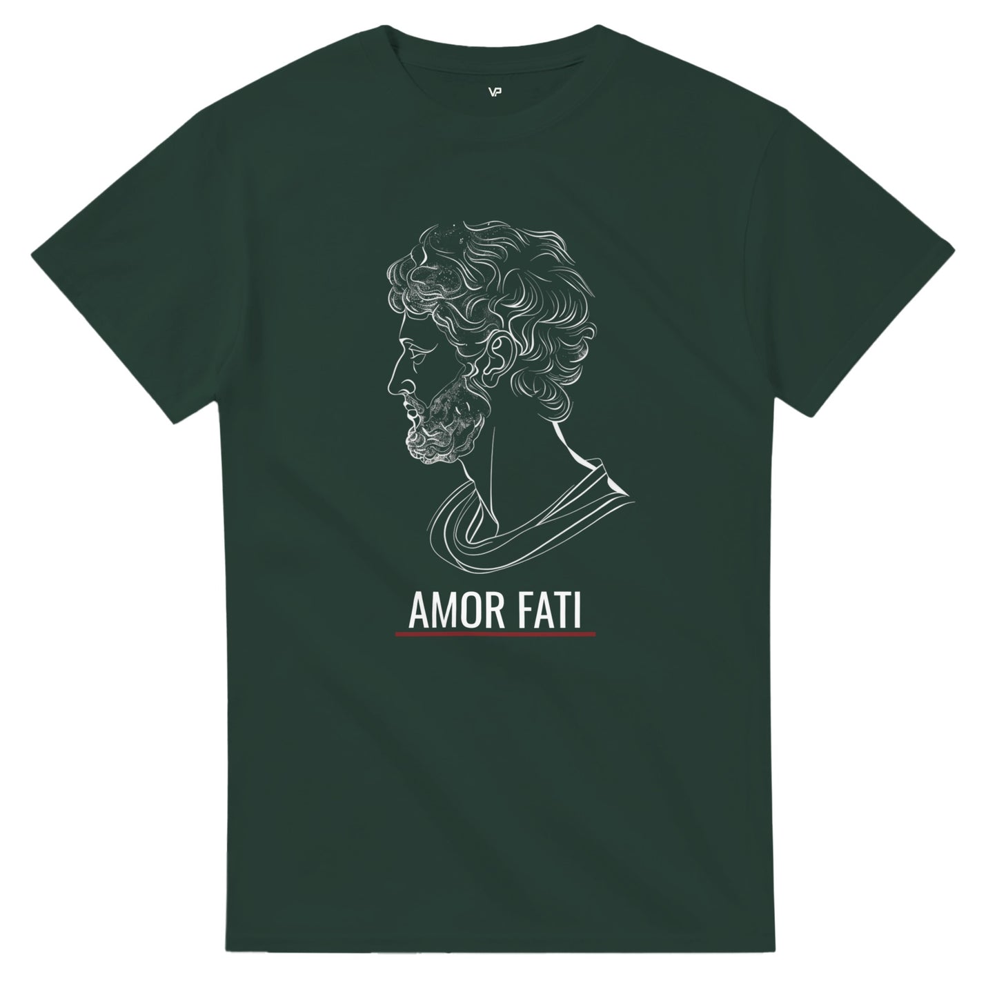 Forest Green VIRTUS T-Shirt von VidaroPrints mit weißer Marc Aurel Büste und dem Schriftzug AMOR FATI