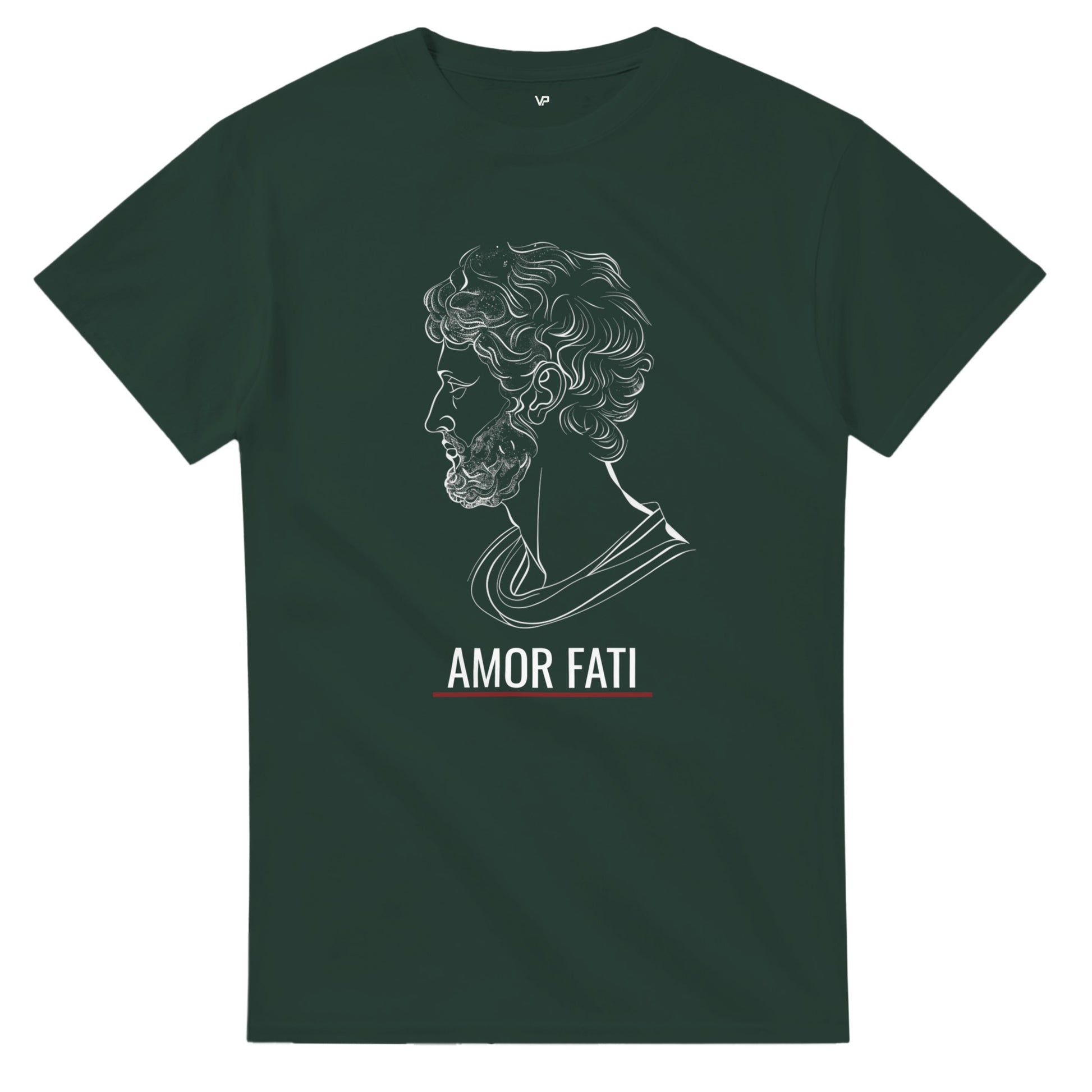 Forest Green VIRTUS T-Shirt von VidaroPrints mit weißer Marc Aurel Büste und dem Schriftzug AMOR FATI