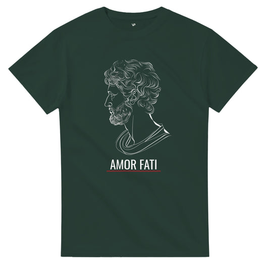 Forest Green VIRTUS T-Shirt von VidaroPrints mit weißer Marc Aurel Büste und dem Schriftzug AMOR FATI