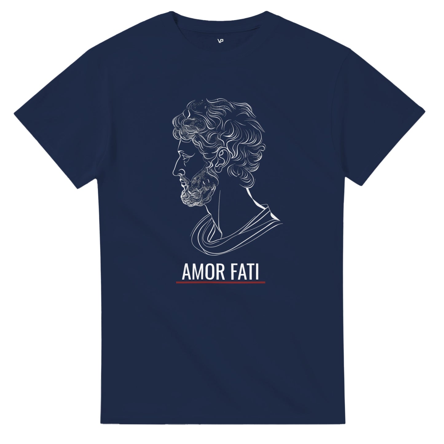 Marineblaues VIRTUS T-Shirt von VidaroPrints mit weißer Marc Aurel Büste und dem Schriftzug AMOR FATI.