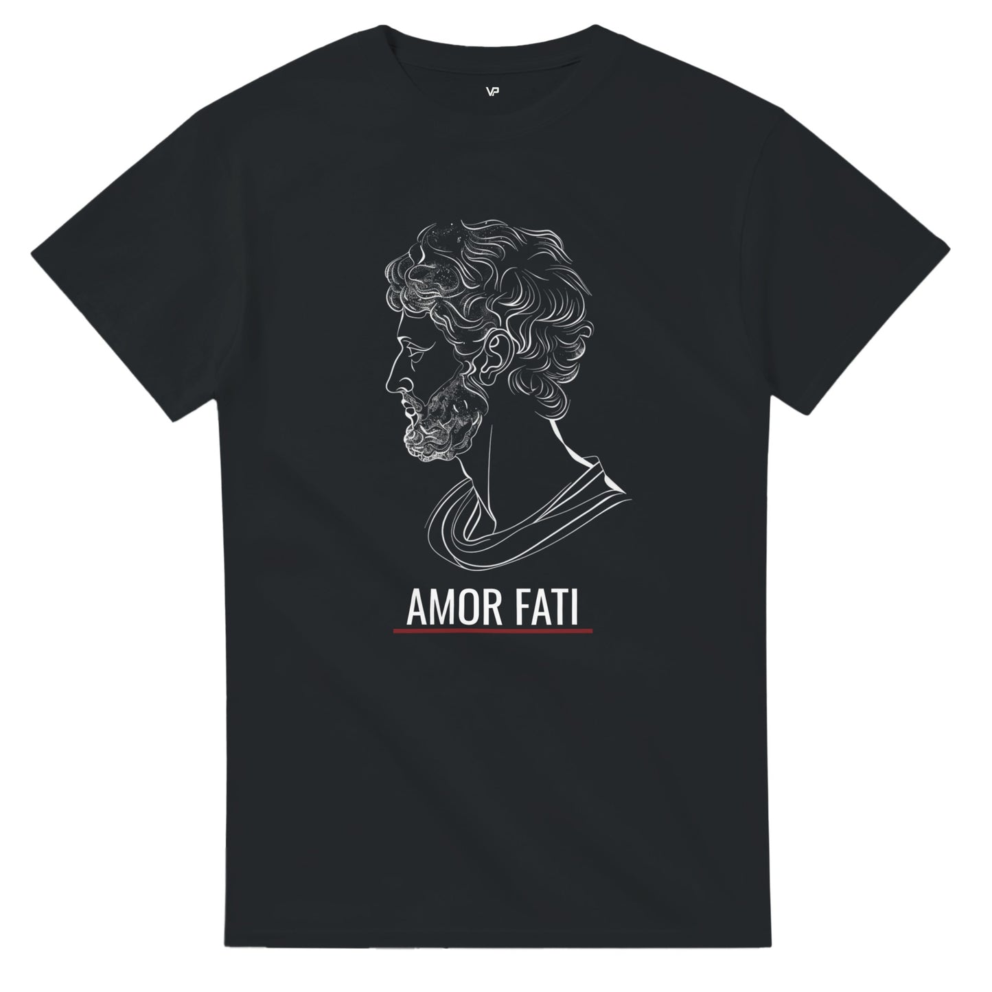 Schwarzes VIRTUS T-Shirt von VidaroPrints mit weißer Marc Aurel Büste und dem Schriftzug AMOR FATI.
