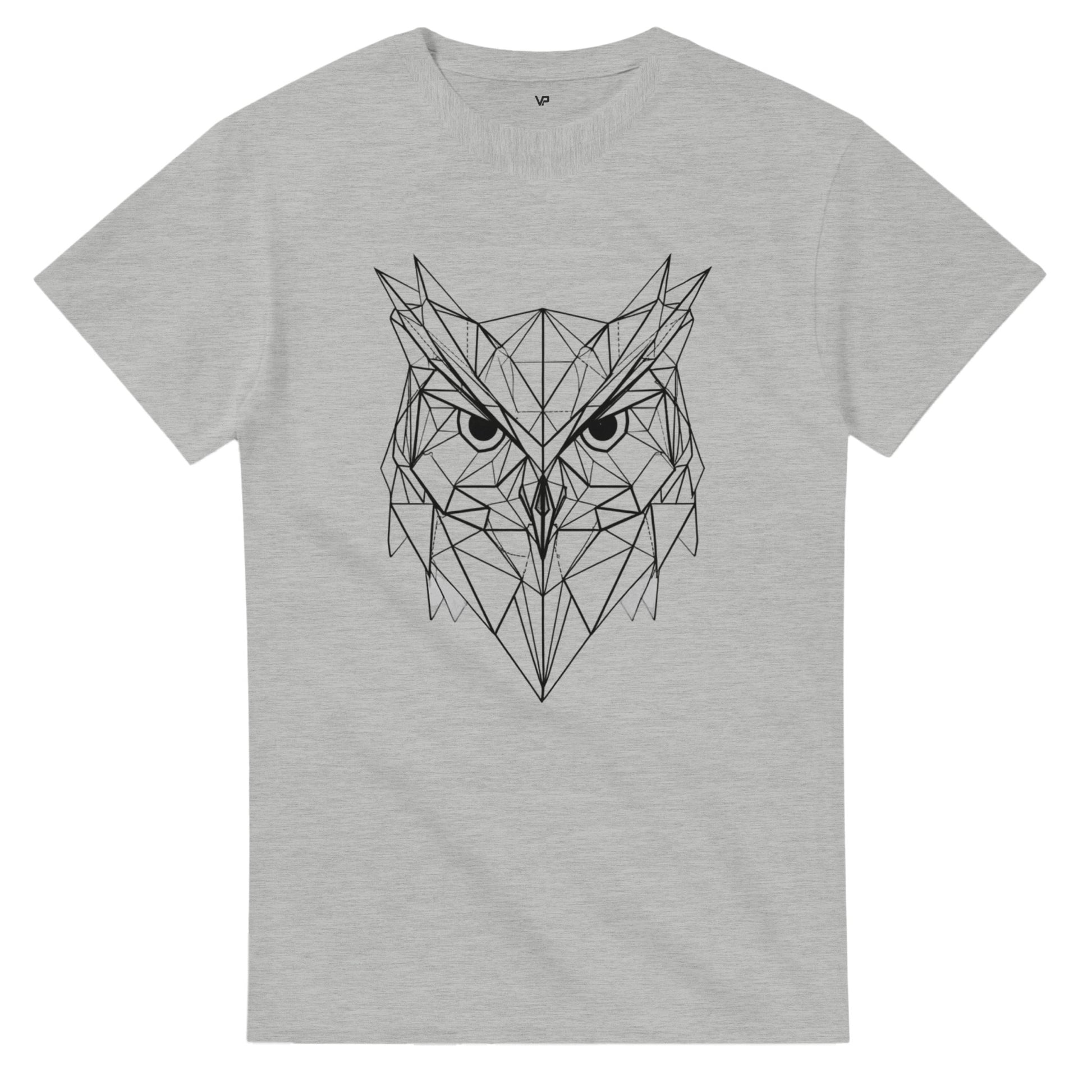 Graues VIRTUS T-Shirt von VidaroPrints mit einem geometrischen, schwarzen Eule-der-Minerva-Design (Symbol der Weisheit).
