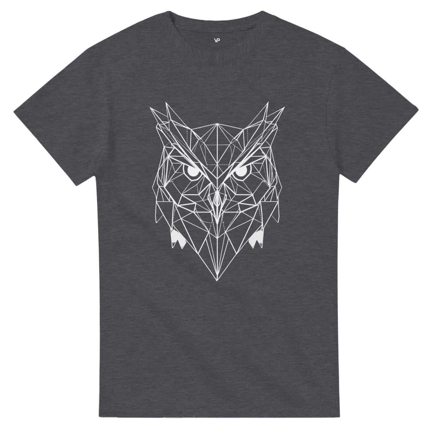 Dunkle Heidekraut VIRTUS T-Shirt von VidaroPrints mit einem geometrischen, schwarzen Eule-der-Minerva-Design (Symbol der Weisheit).