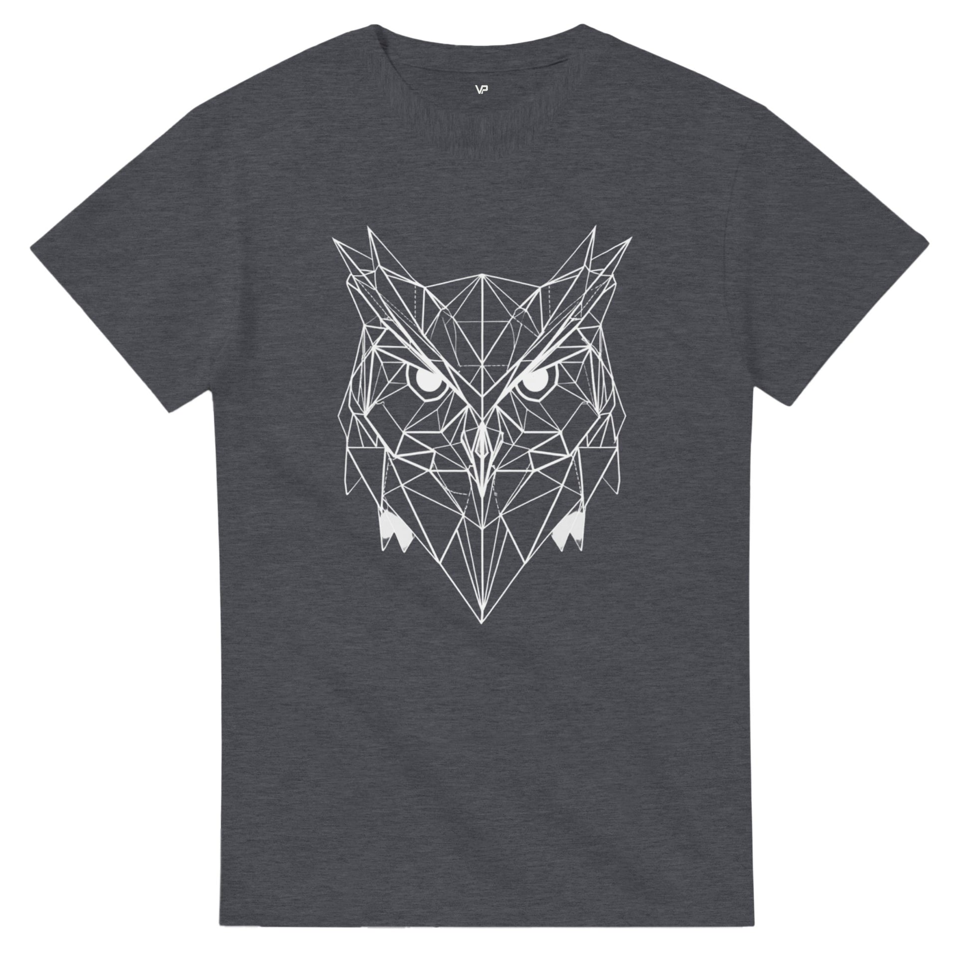 Dunkle Heidekraut VIRTUS T-Shirt von VidaroPrints mit einem geometrischen, schwarzen Eule-der-Minerva-Design (Symbol der Weisheit).