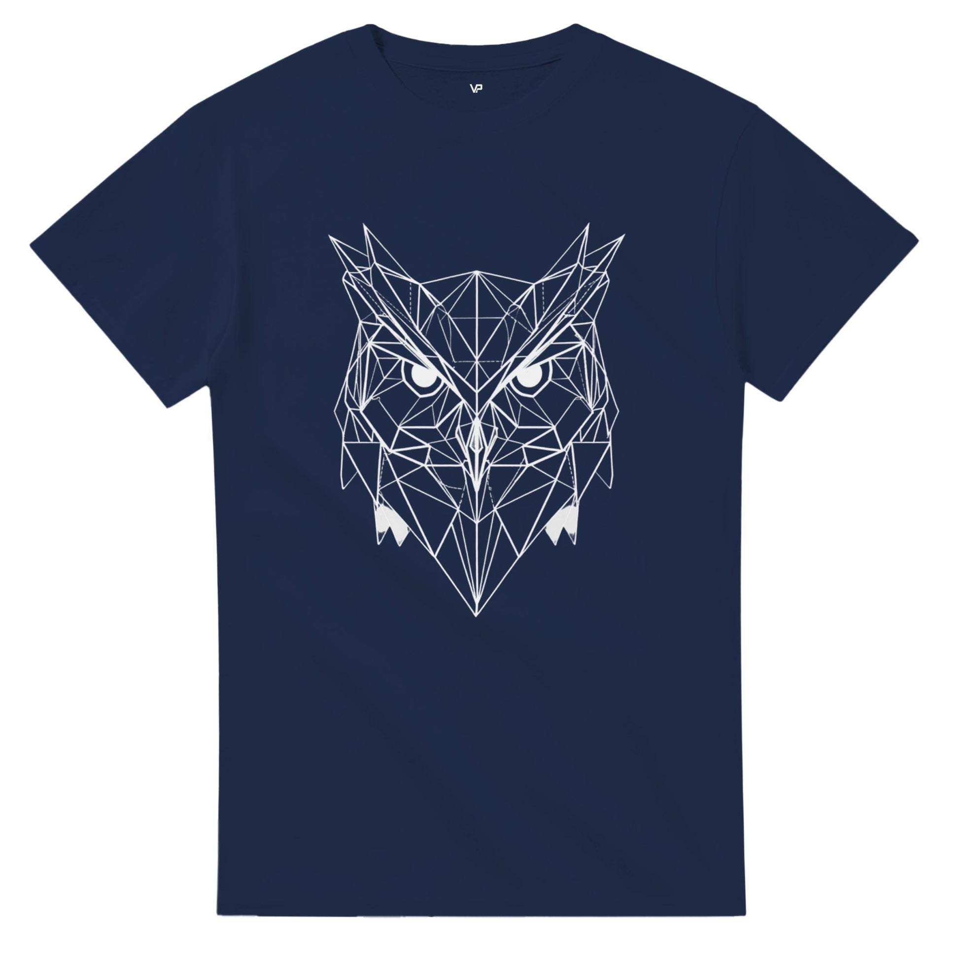 Marine VIRTUS T-Shirt von VidaroPrints mit einem geometrischen, schwarzen Eule-der-Minerva-Design (Symbol der Weisheit).