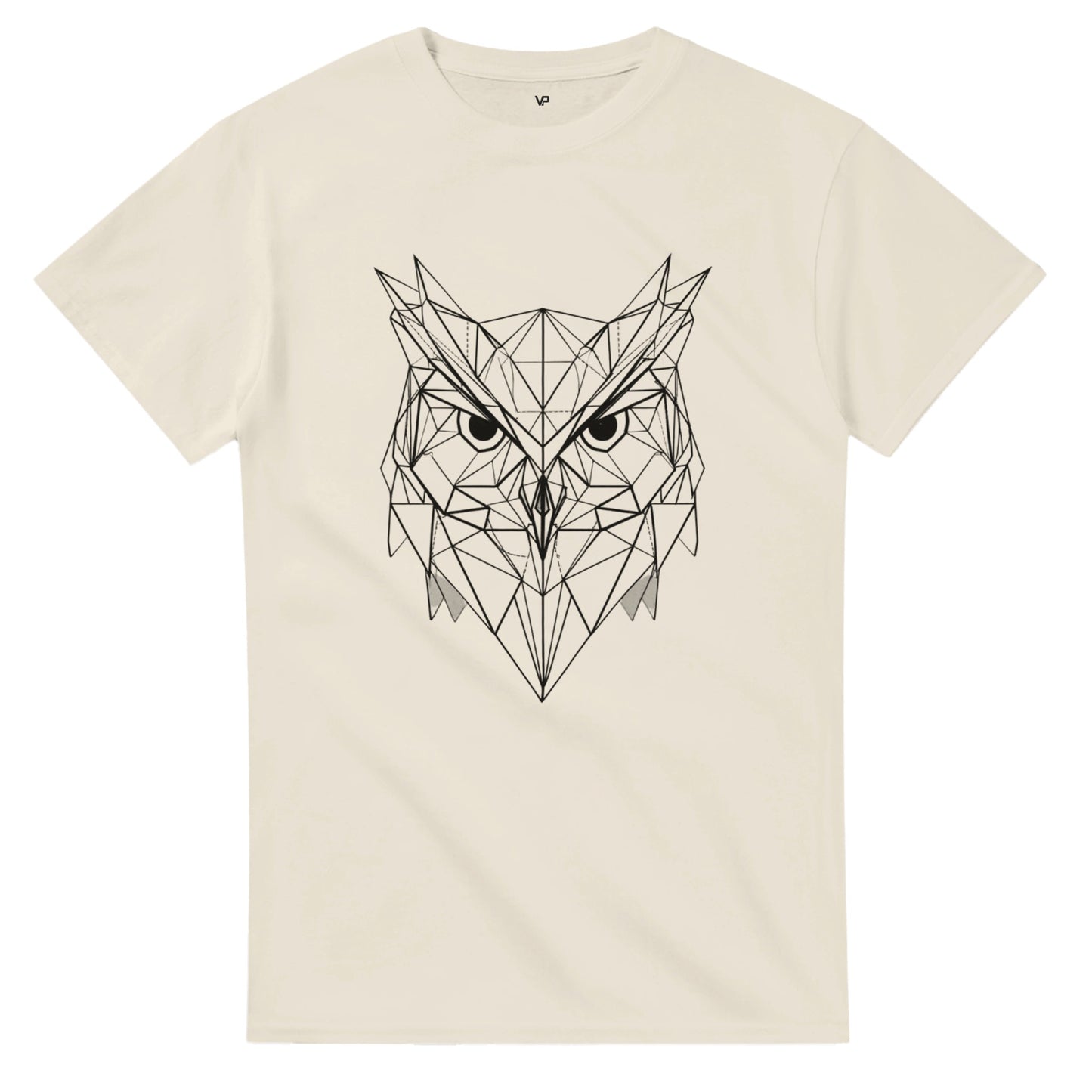 Natural VIRTUS T-Shirt von VidaroPrints mit einem geometrischen, schwarzen Eule-der-Minerva-Design (Symbol der Weisheit).