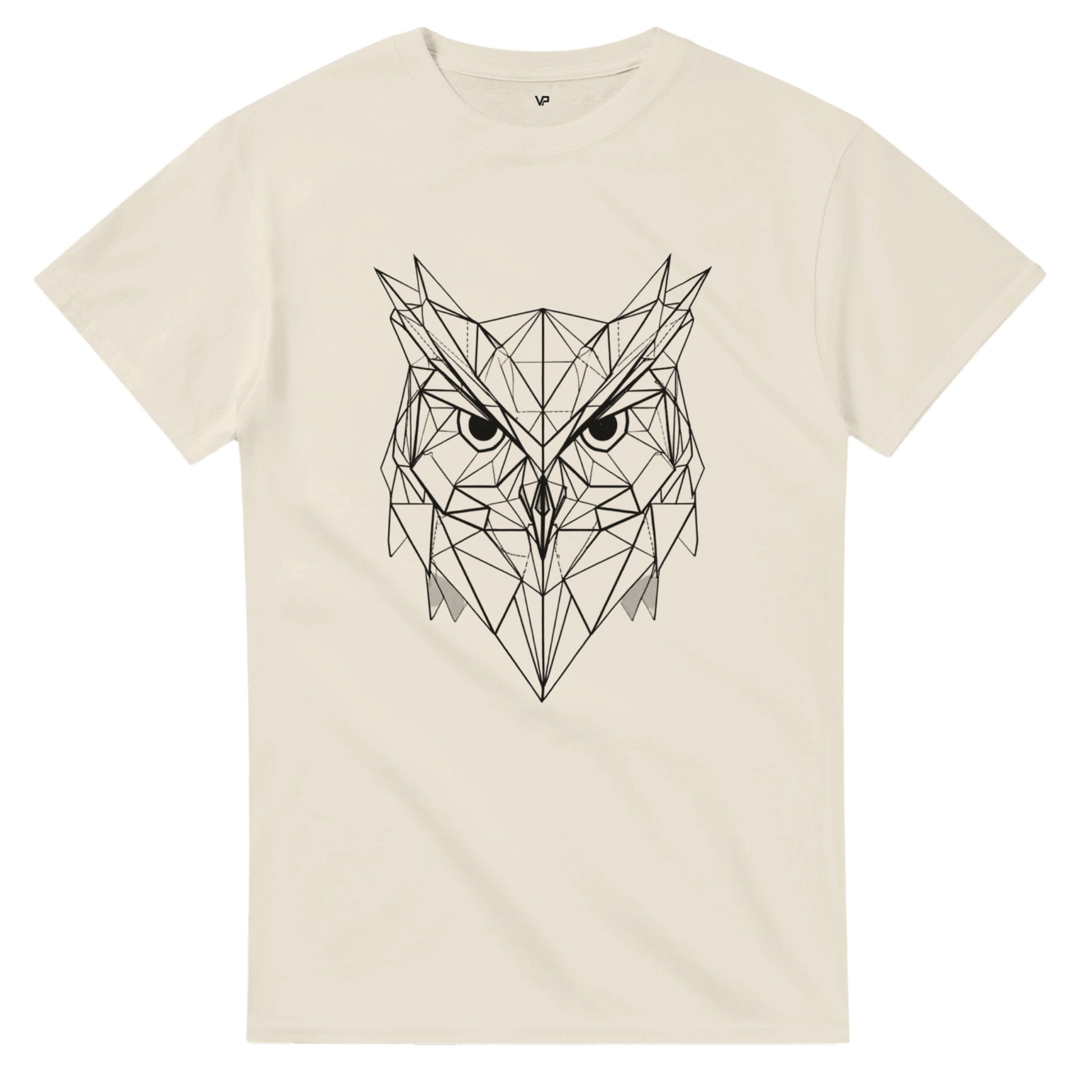 Natural VIRTUS T-Shirt von VidaroPrints mit einem geometrischen, schwarzen Eule-der-Minerva-Design (Symbol der Weisheit).