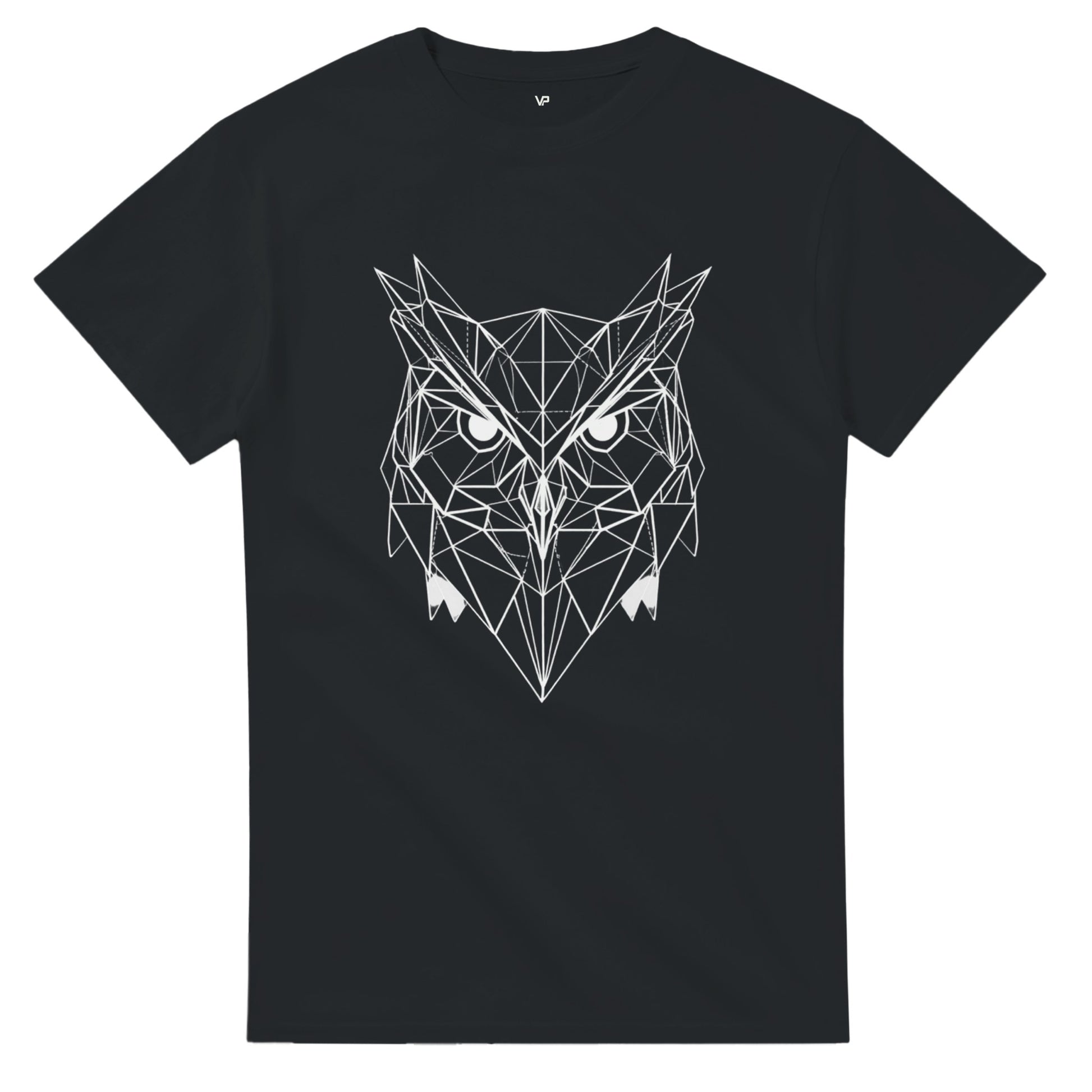 schwarzes VIRTUS T-Shirt von VidaroPrints mit einem geometrischen, schwarzen Eule-der-Minerva-Design (Symbol der Weisheit).
