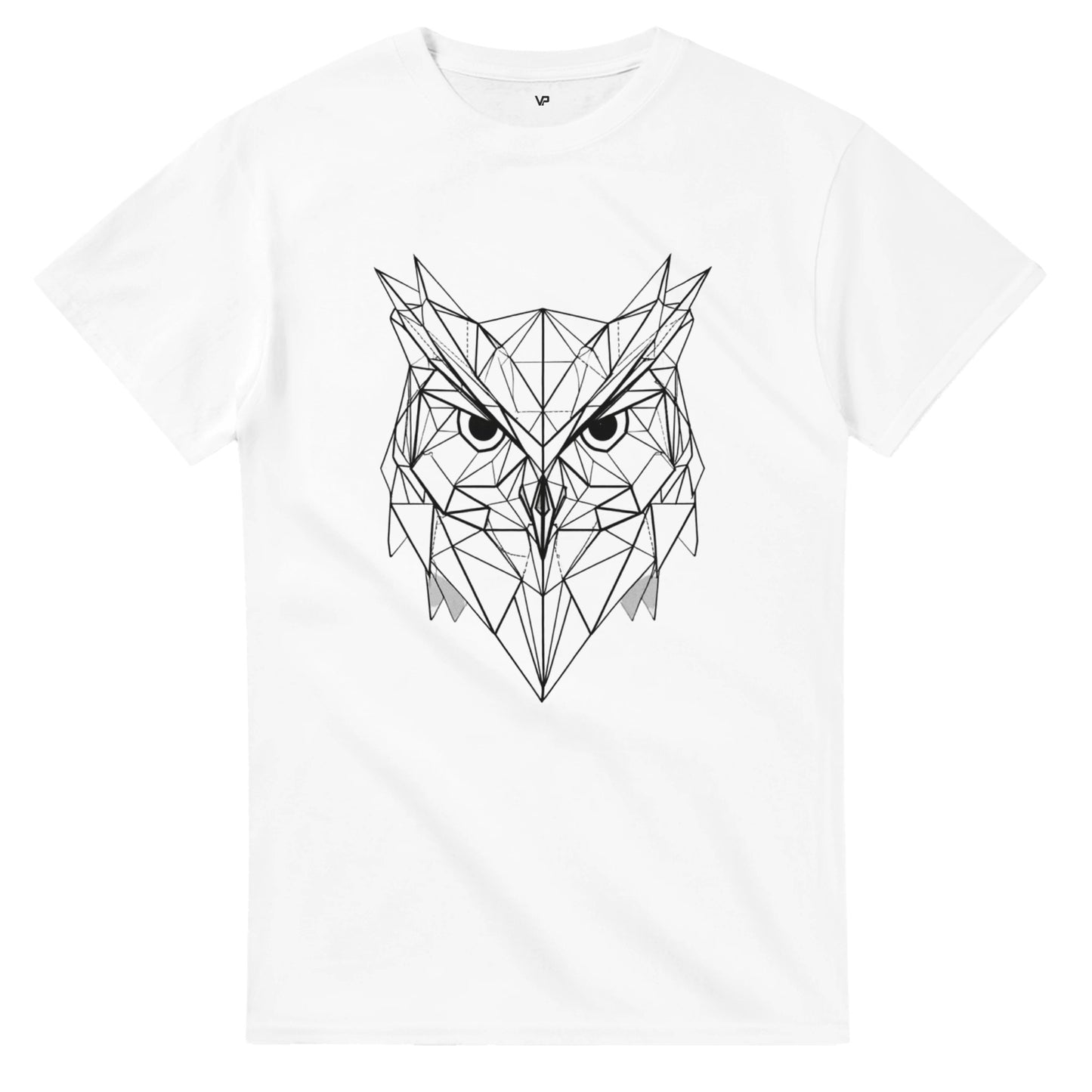 Weißes VIRTUS T-Shirt von VidaroPrints mit einem geometrischen, schwarzen Eule-der-Minerva-Design (Symbol der Weisheit).