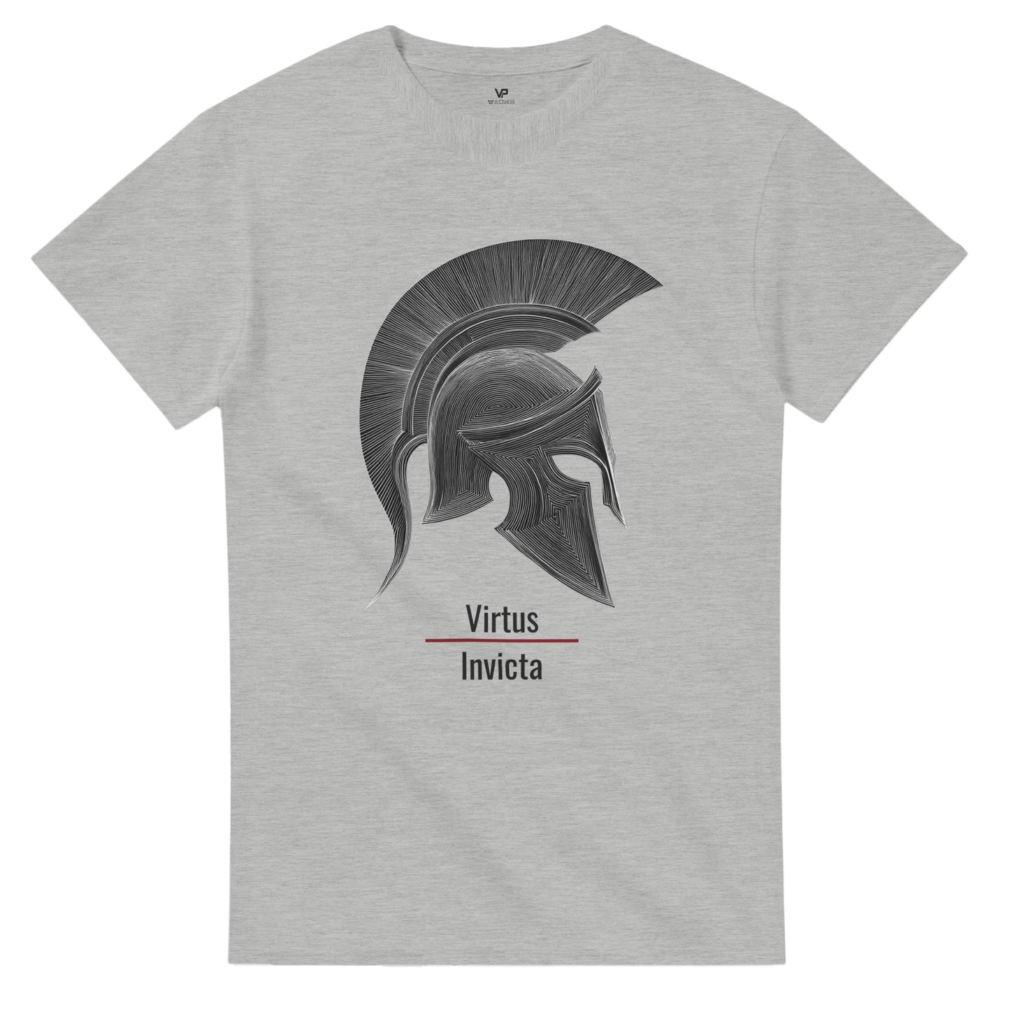 Graues VIRTUS T-Shirt von VidaroPrints mit einem minimalistischen schwarzen Spartaner-Helm und dem lateinischen Schriftzug "Virtus Invicta".