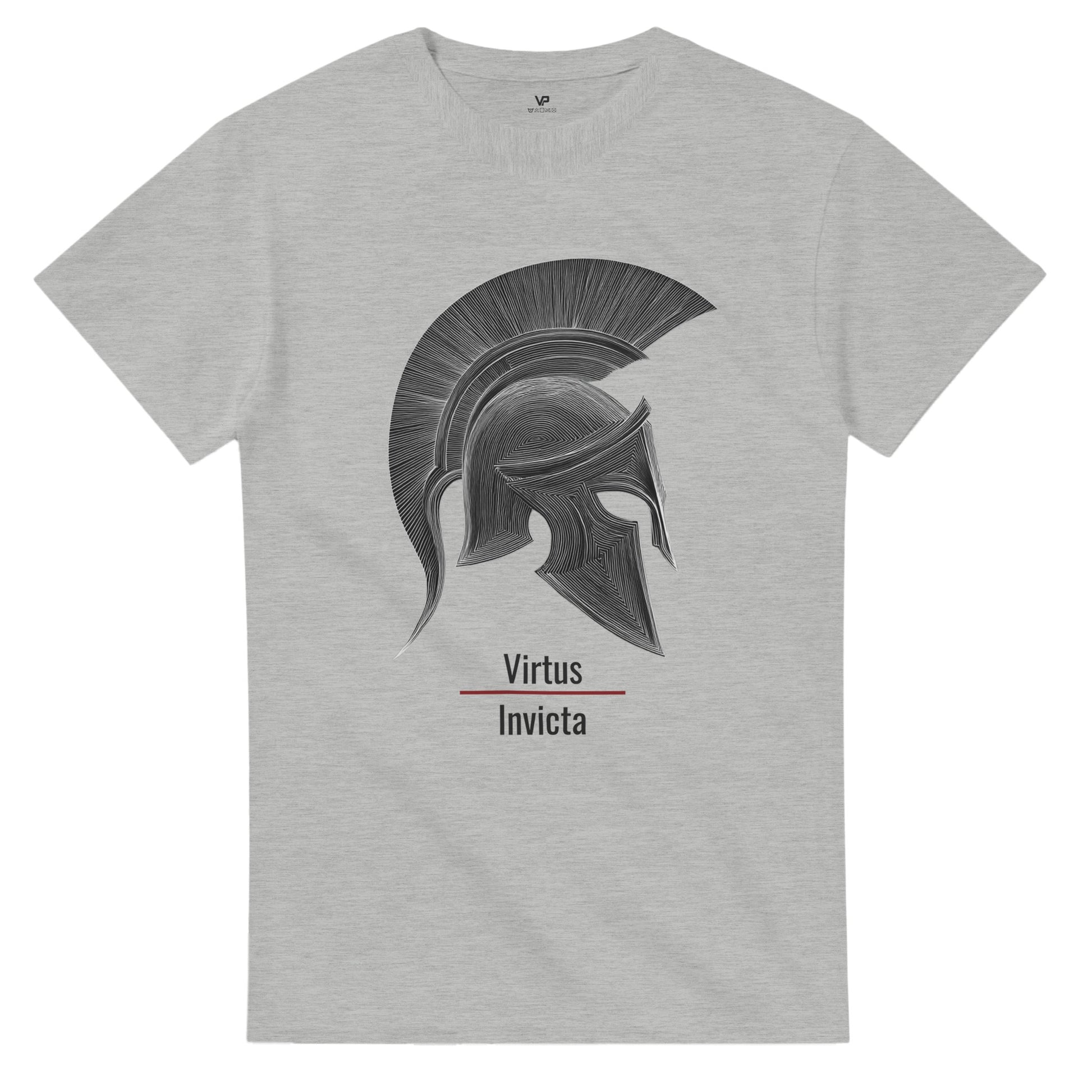 Graues VIRTUS T-Shirt von VidaroPrints mit einem minimalistischen schwarzen Spartaner-Helm und dem lateinischen Schriftzug "Virtus Invicta".