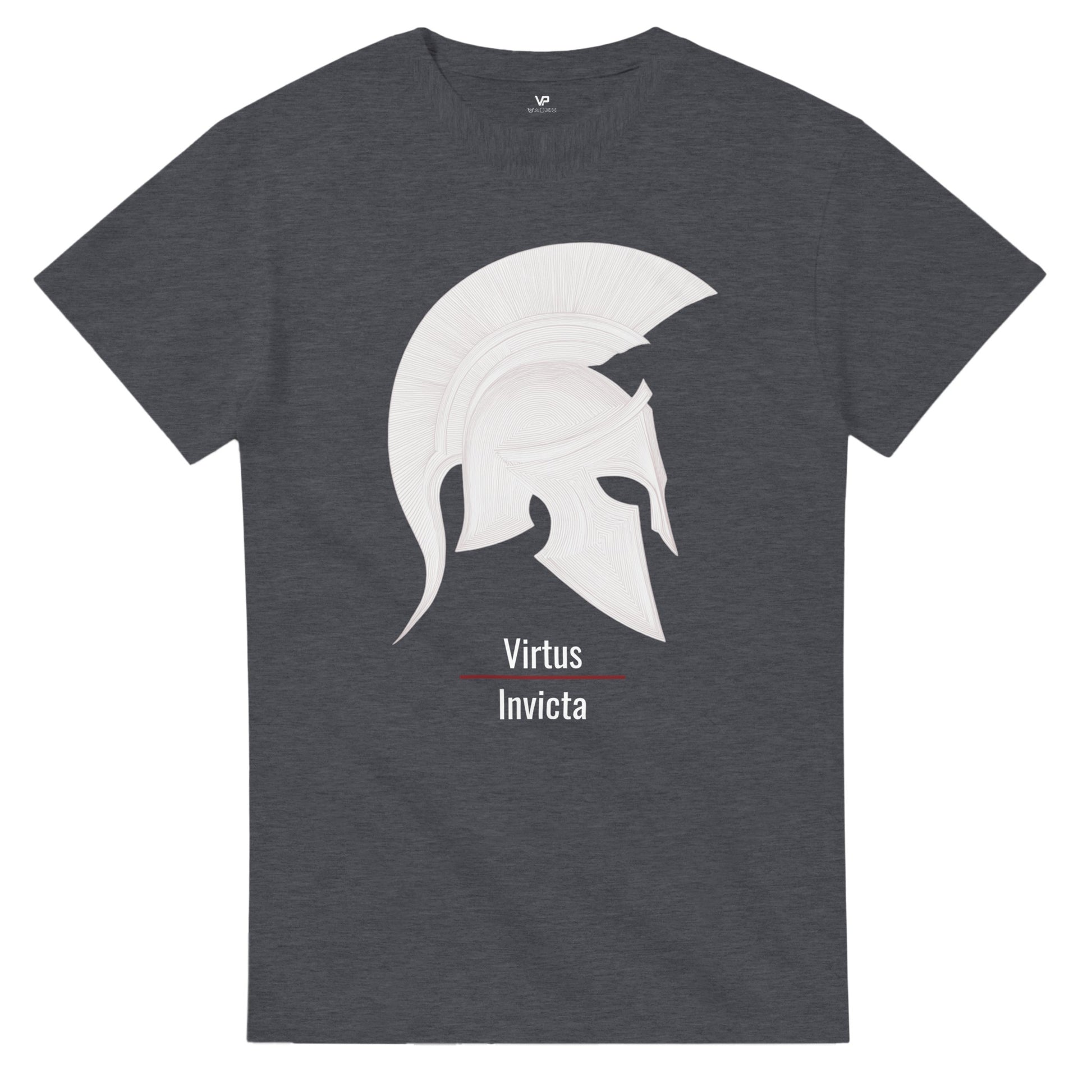 Dunkles Heidekraut VIRTUS T-Shirt von VidaroPrints mit einem minimalistischen weißen Spartaner-Helm und dem lateinischen Schriftzug "Virtus Invicta".