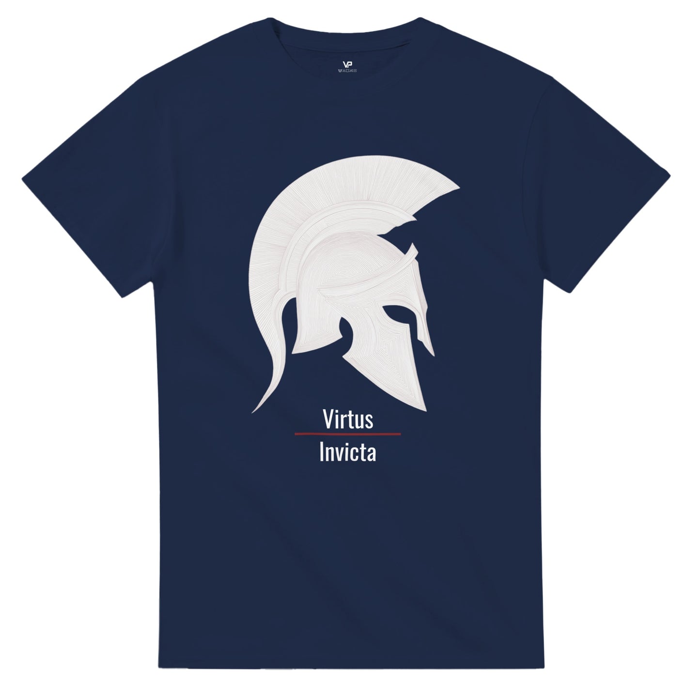Marine farbendes VIRTUS T-Shirt von VidaroPrints mit einem minimalistischen weißen Spartaner-Helm und dem lateinischen Schriftzug "Virtus Invicta".