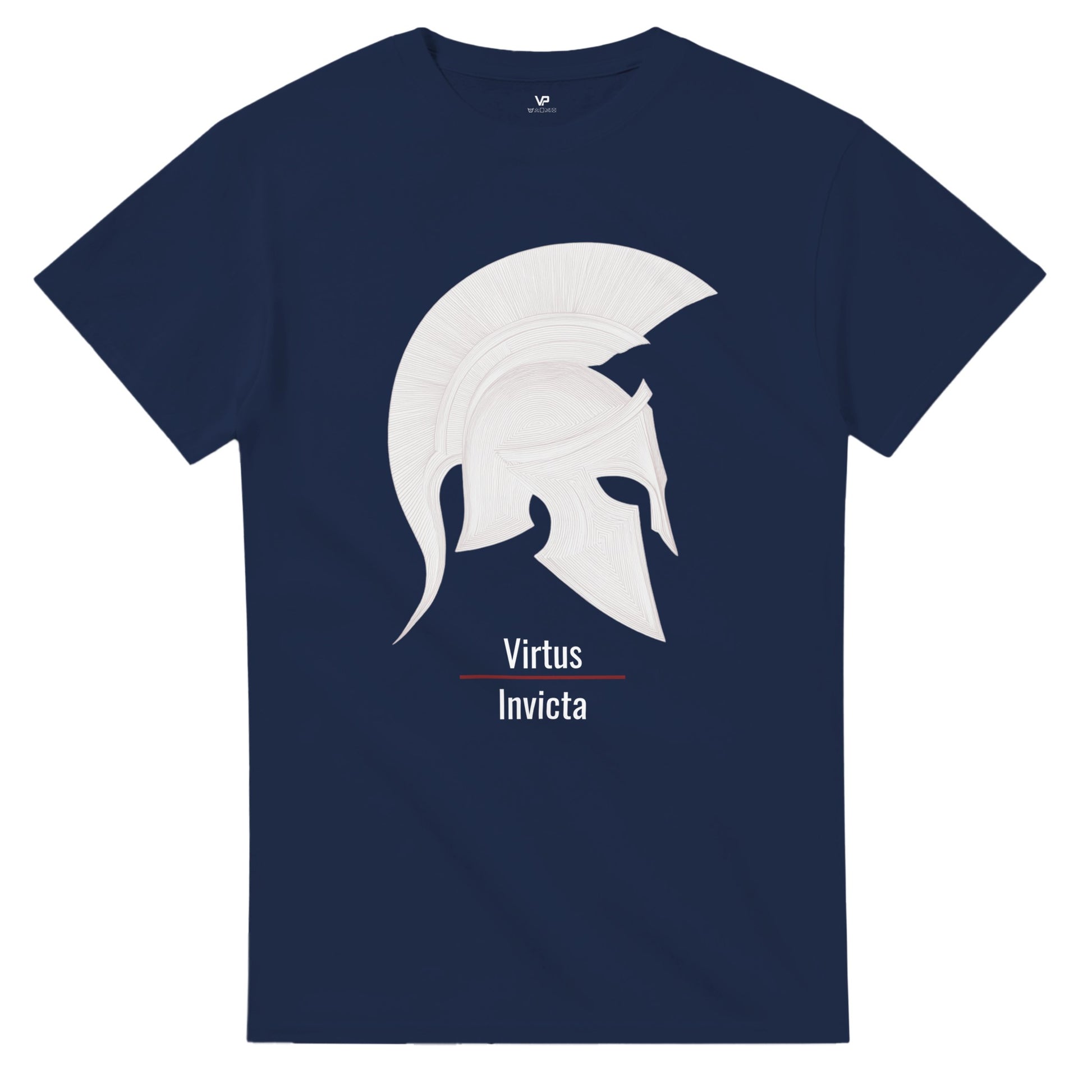 Marine farbendes VIRTUS T-Shirt von VidaroPrints mit einem minimalistischen weißen Spartaner-Helm und dem lateinischen Schriftzug "Virtus Invicta".