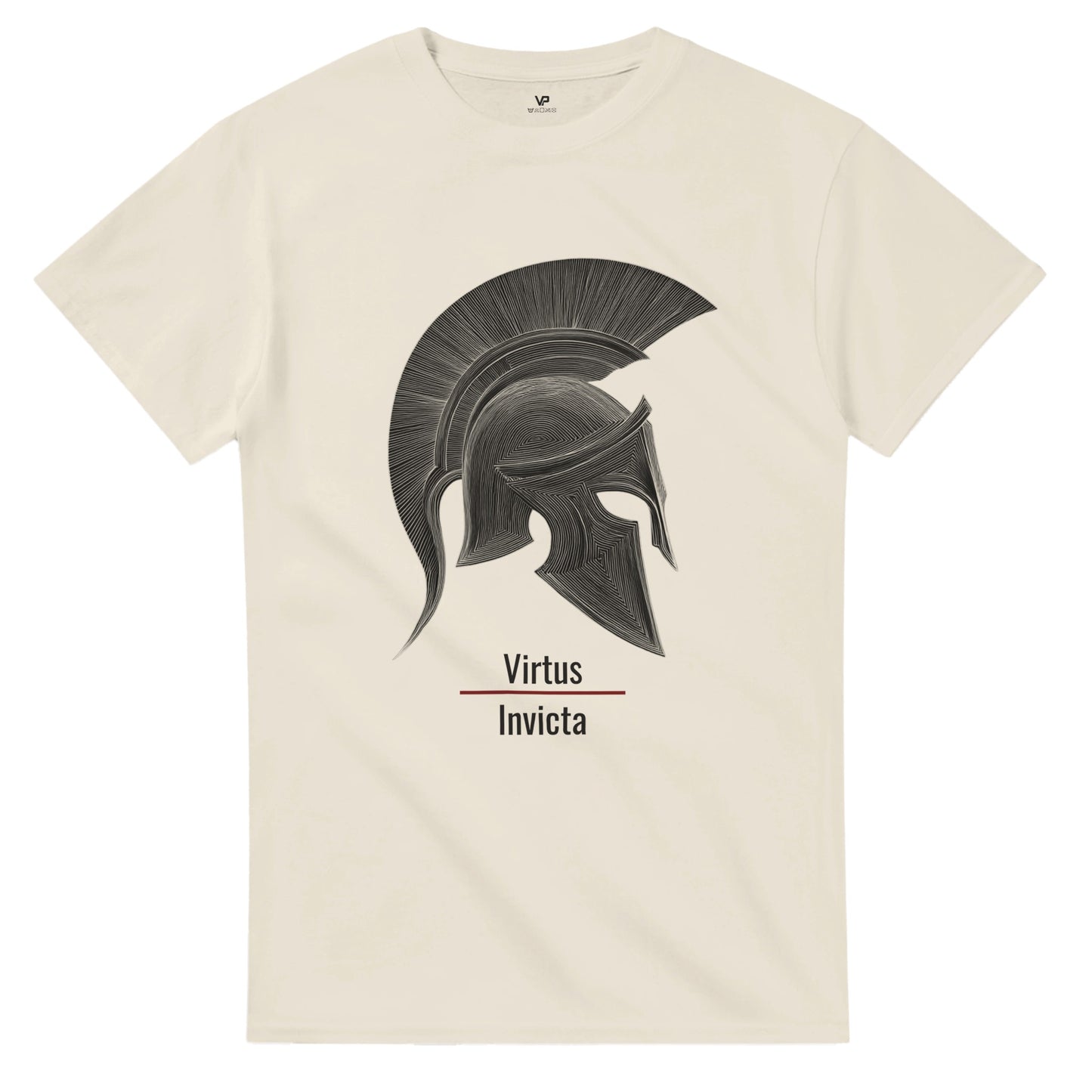 Naturales VIRTUS T-Shirt von VidaroPrints mit einem minimalistischen schwarzen Spartaner-Helm und dem lateinischen Schriftzug "Virtus Invicta".