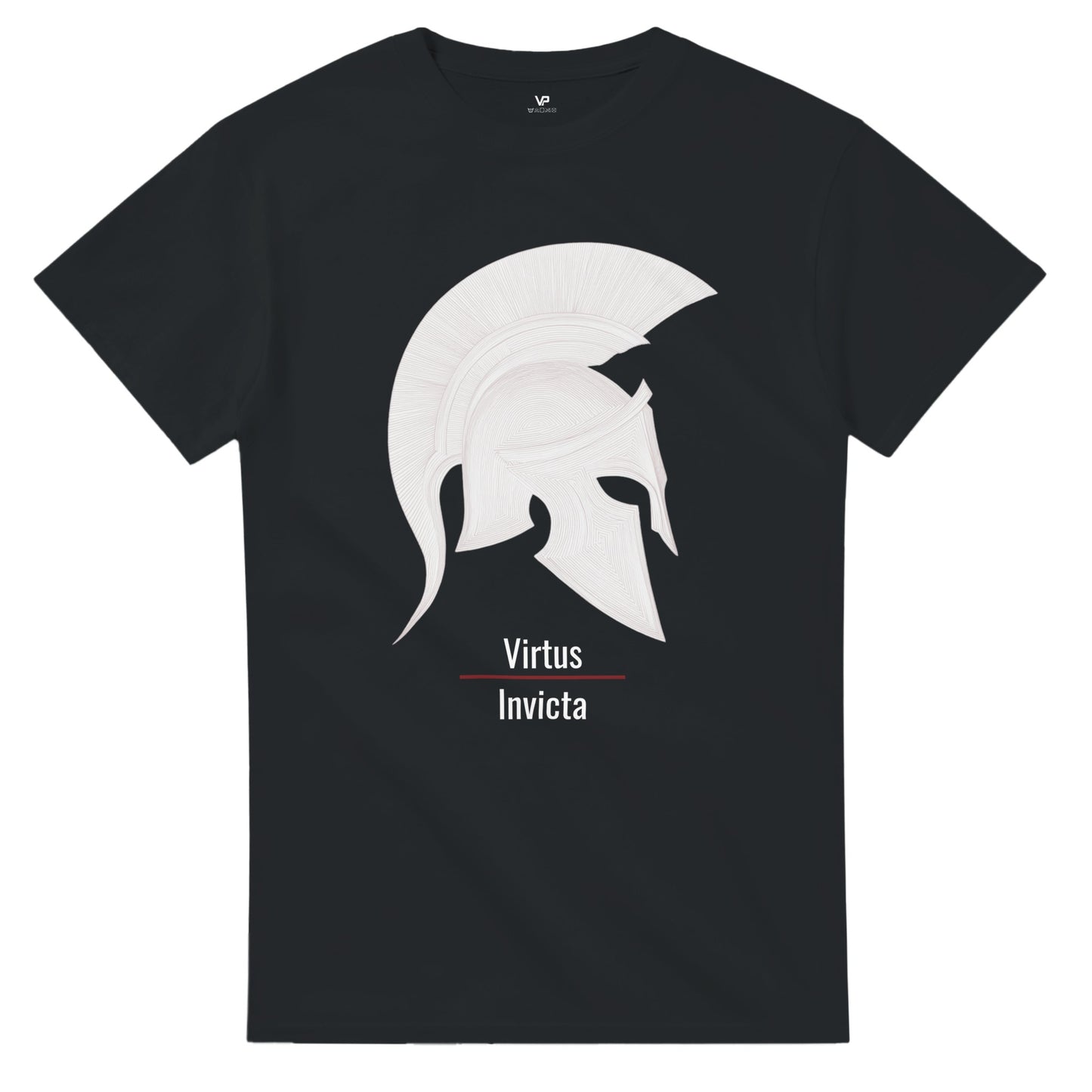 Schwarzes VIRTUS T-Shirt von VidaroPrints mit einem minimalistischen weißen Spartaner-Helm und dem lateinischen Schriftzug "Virtus Invicta".