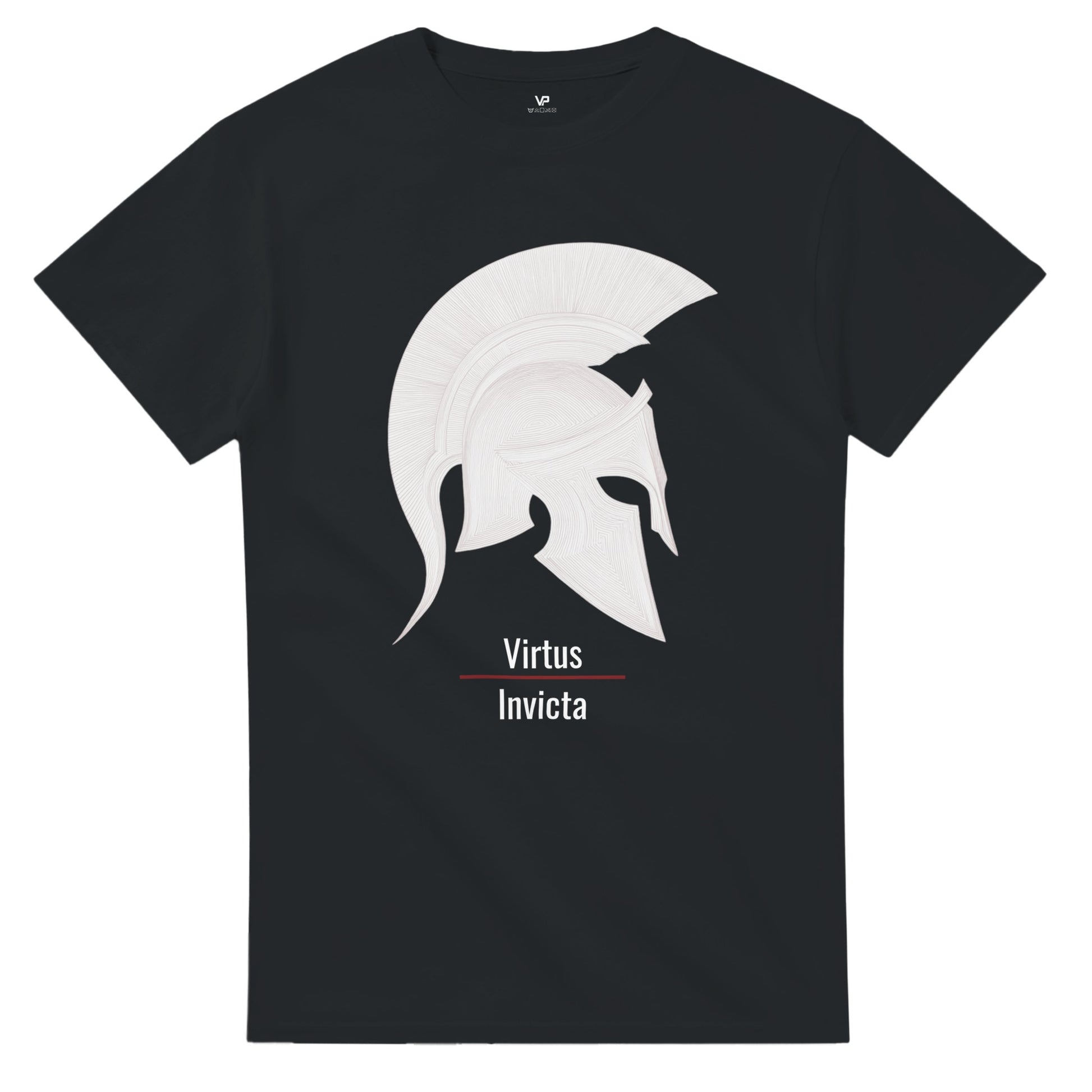 Schwarzes VIRTUS T-Shirt von VidaroPrints mit einem minimalistischen weißen Spartaner-Helm und dem lateinischen Schriftzug "Virtus Invicta".
