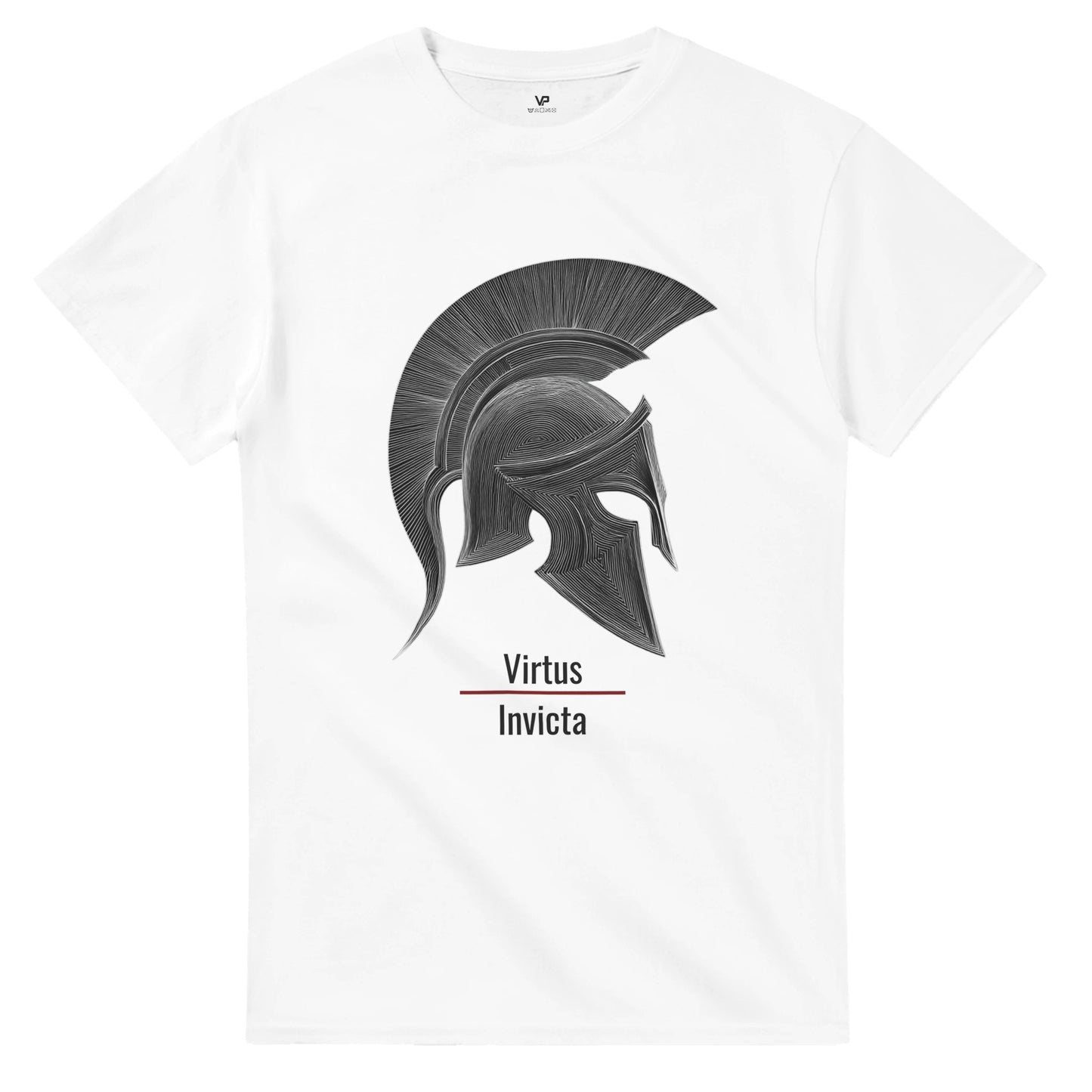 Weißes VIRTUS T-Shirt von VidaroPrints mit einem minimalistischen Schwarzen Spartaner-Helm und dem lateinischen Schriftzug "Virtus Invicta".