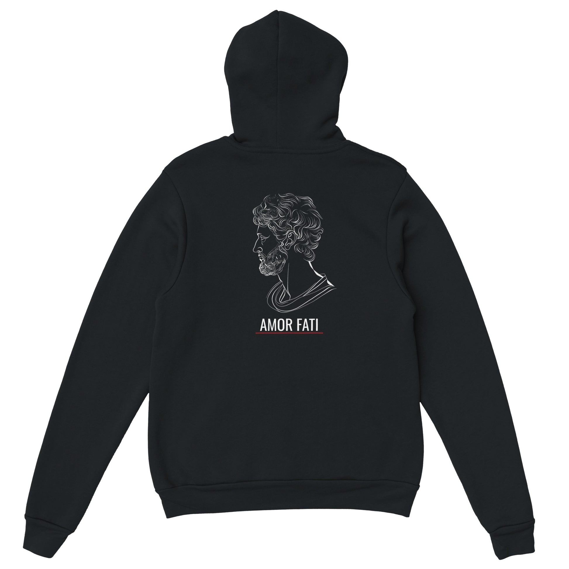 Schwarzer VIRTUS Hoodie von VidaroPrints mit großem, weißen Marc Aurel Design auf dem Rücken.