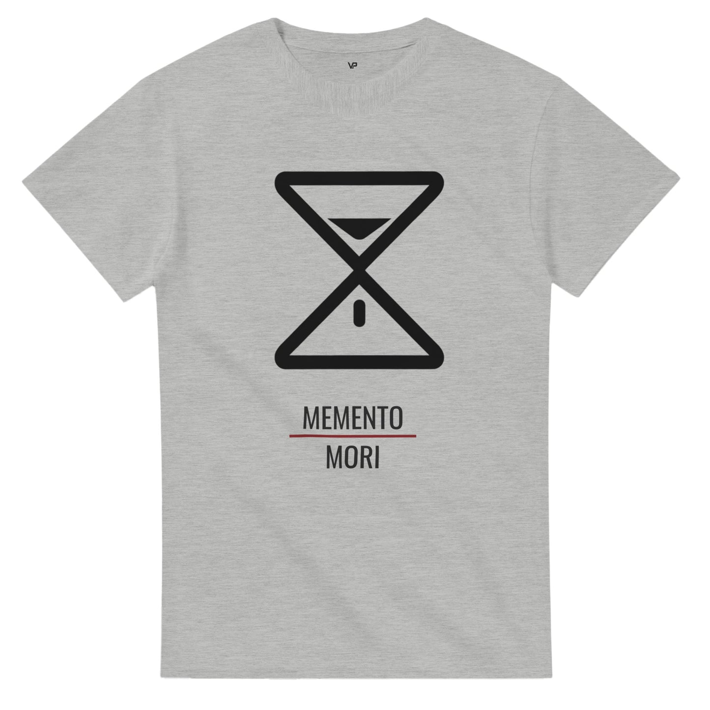 Ash Gray VIRTUS T-Shirt von VidaroPrints, bedruckt mit einer minimalistischen weißen Sanduhr als Memento Mori Symbol.