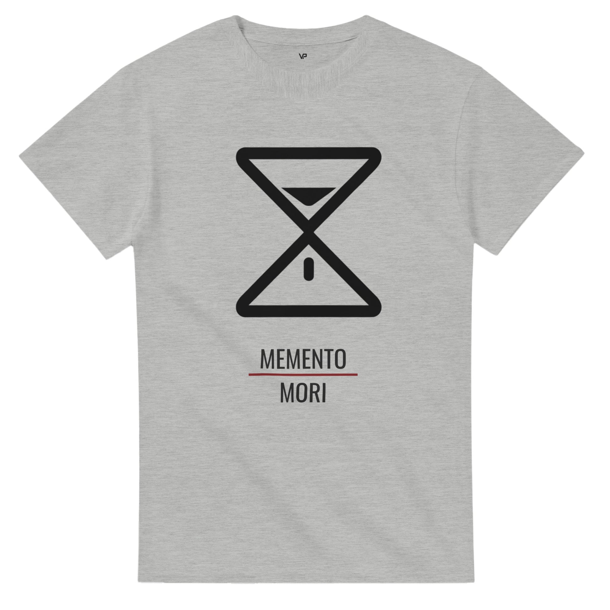 Ash Gray VIRTUS T-Shirt von VidaroPrints, bedruckt mit einer minimalistischen weißen Sanduhr als Memento Mori Symbol.