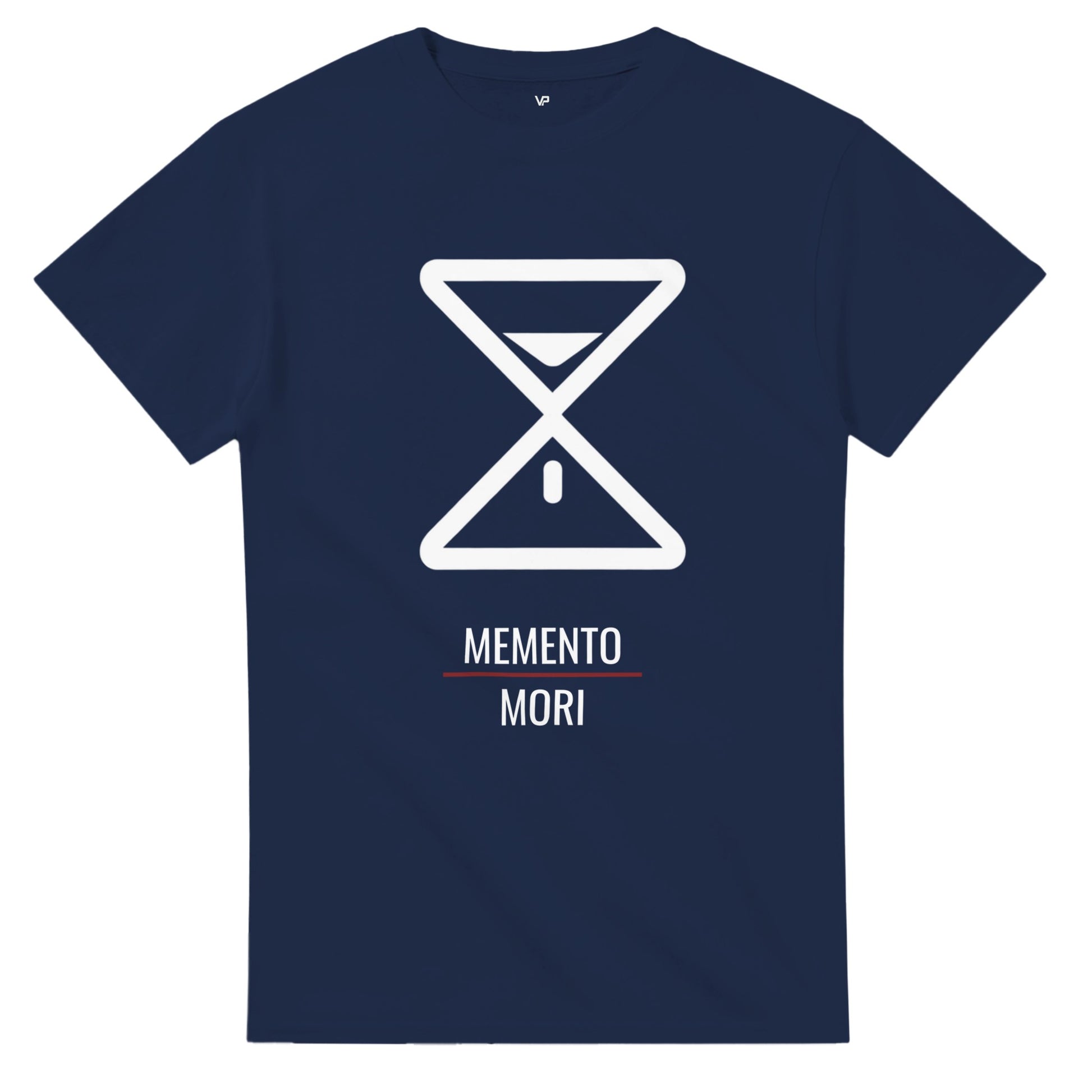 Marine VIRTUS T-Shirt von VidaroPrints, bedruckt mit einer minimalistischen weißen Sanduhr als Memento Mori Symbol.