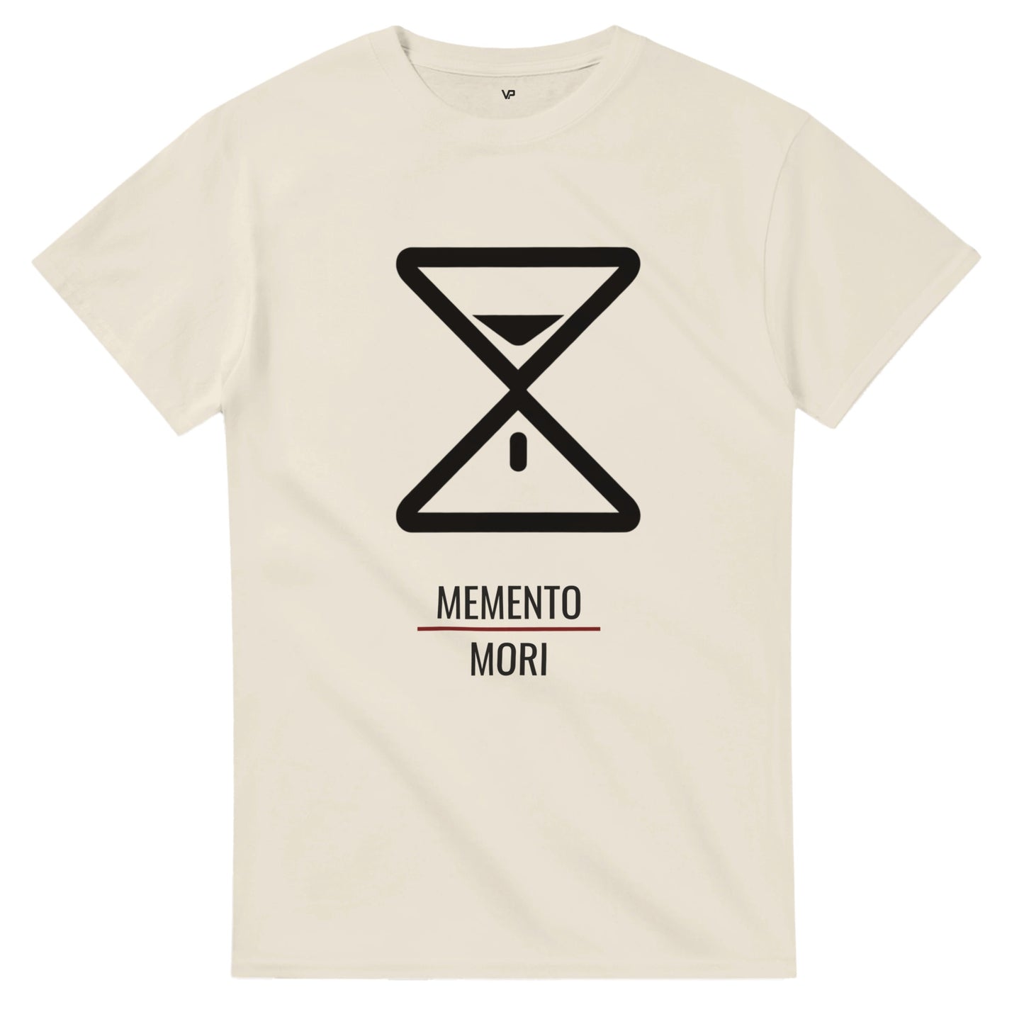 Natural VIRTUS T-Shirt von VidaroPrints, bedruckt mit einer minimalistischen weißen Sanduhr als Memento Mori Symbol.