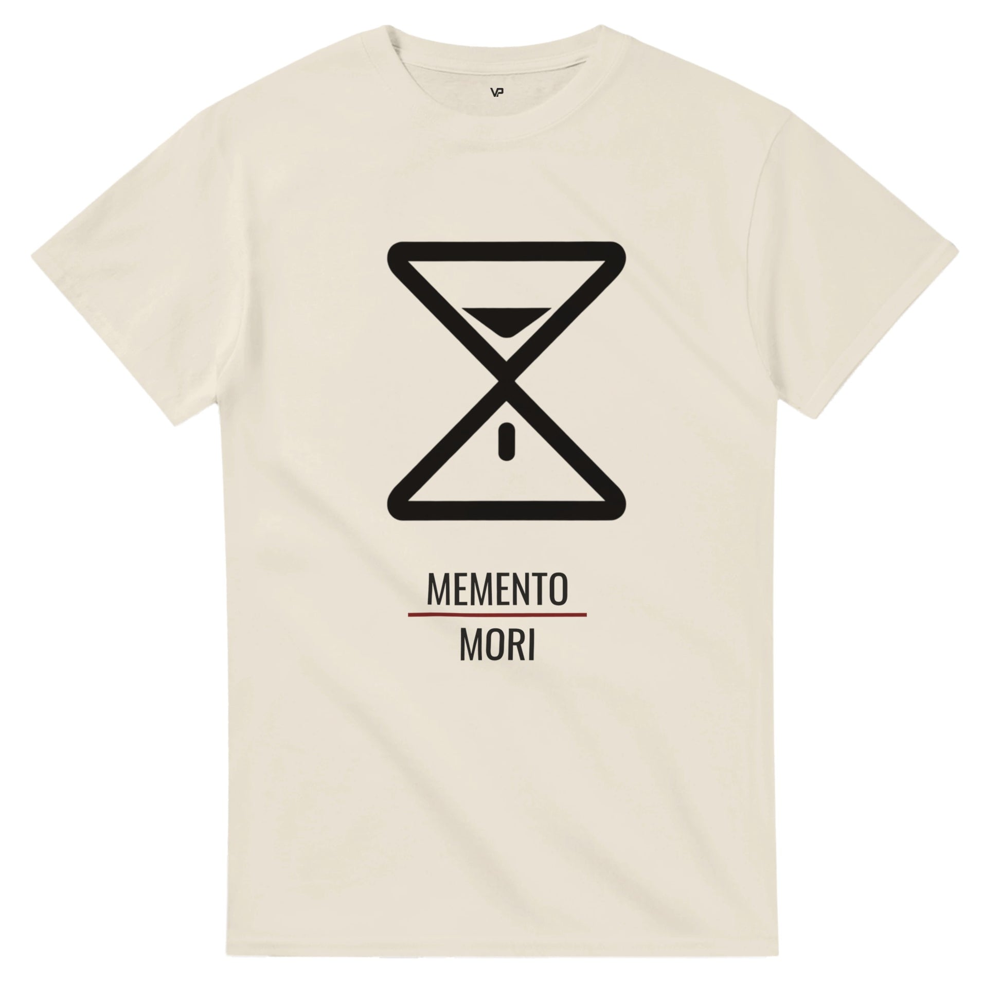 Natural VIRTUS T-Shirt von VidaroPrints, bedruckt mit einer minimalistischen weißen Sanduhr als Memento Mori Symbol.