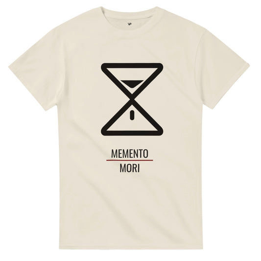 Natural VIRTUS T-Shirt von VidaroPrints, bedruckt mit einer minimalistischen weißen Sanduhr als Memento Mori Symbol.