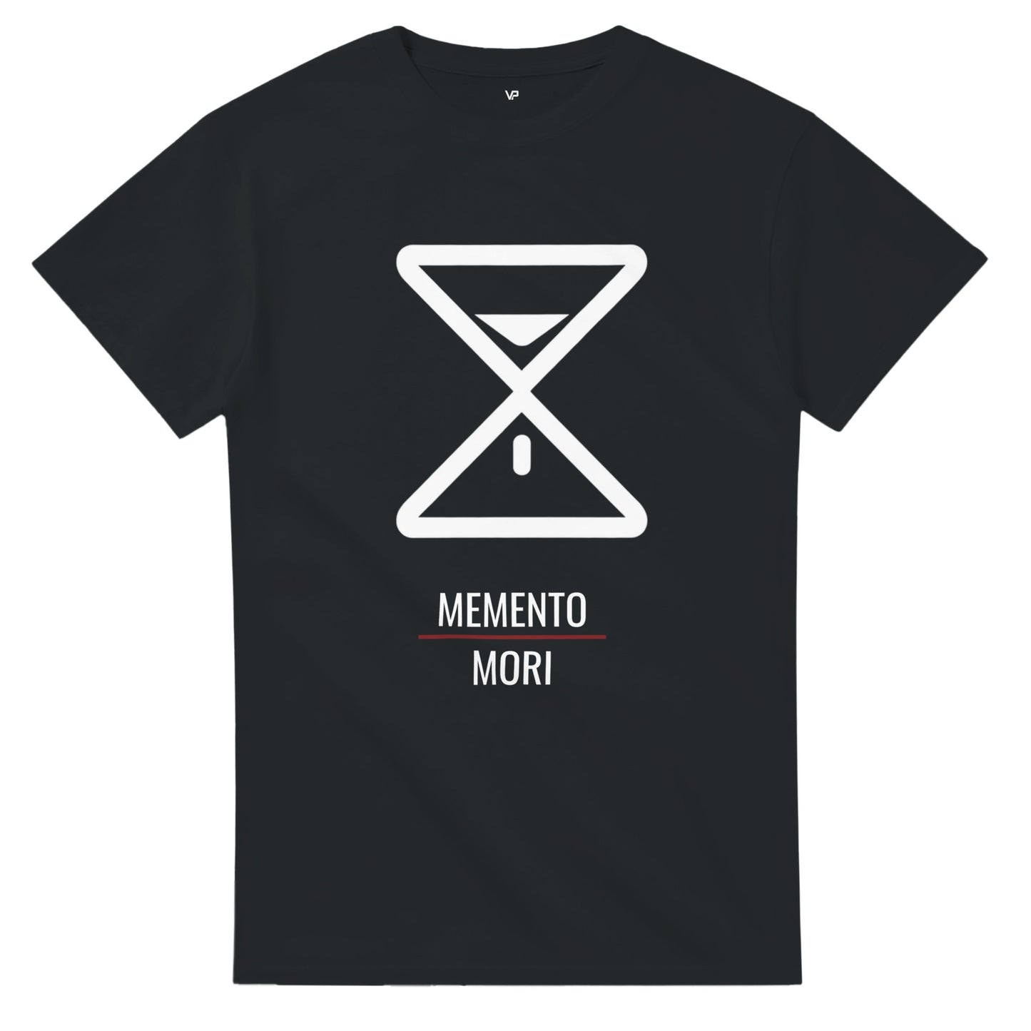 Schwarzes VIRTUS T-Shirt von VidaroPrints, bedruckt mit einer minimalistischen weißen Sanduhr als Memento Mori Symbol.