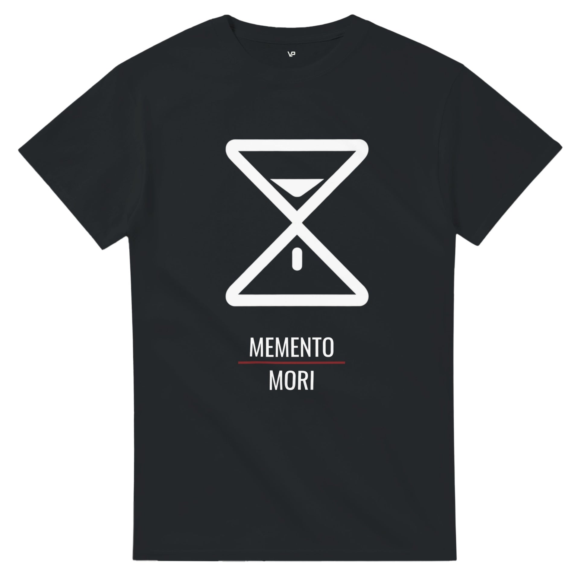Schwarzes VIRTUS T-Shirt von VidaroPrints, bedruckt mit einer minimalistischen weißen Sanduhr als Memento Mori Symbol.