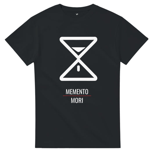 Schwarzes VIRTUS T-Shirt von VidaroPrints, bedruckt mit einer minimalistischen weißen Sanduhr als Memento Mori Symbol.